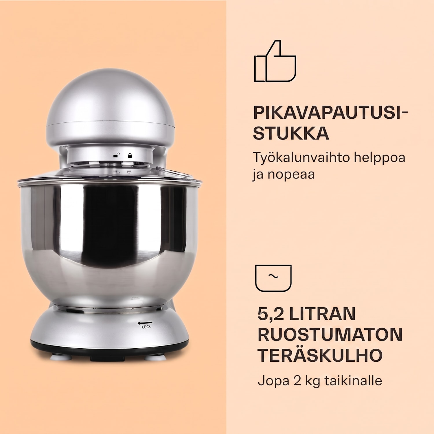 Bella-yleiskone 1800 W / 2,7 hv 5 litraa ruostumatonta terästä BPA-vapaa Hopea Metallinen