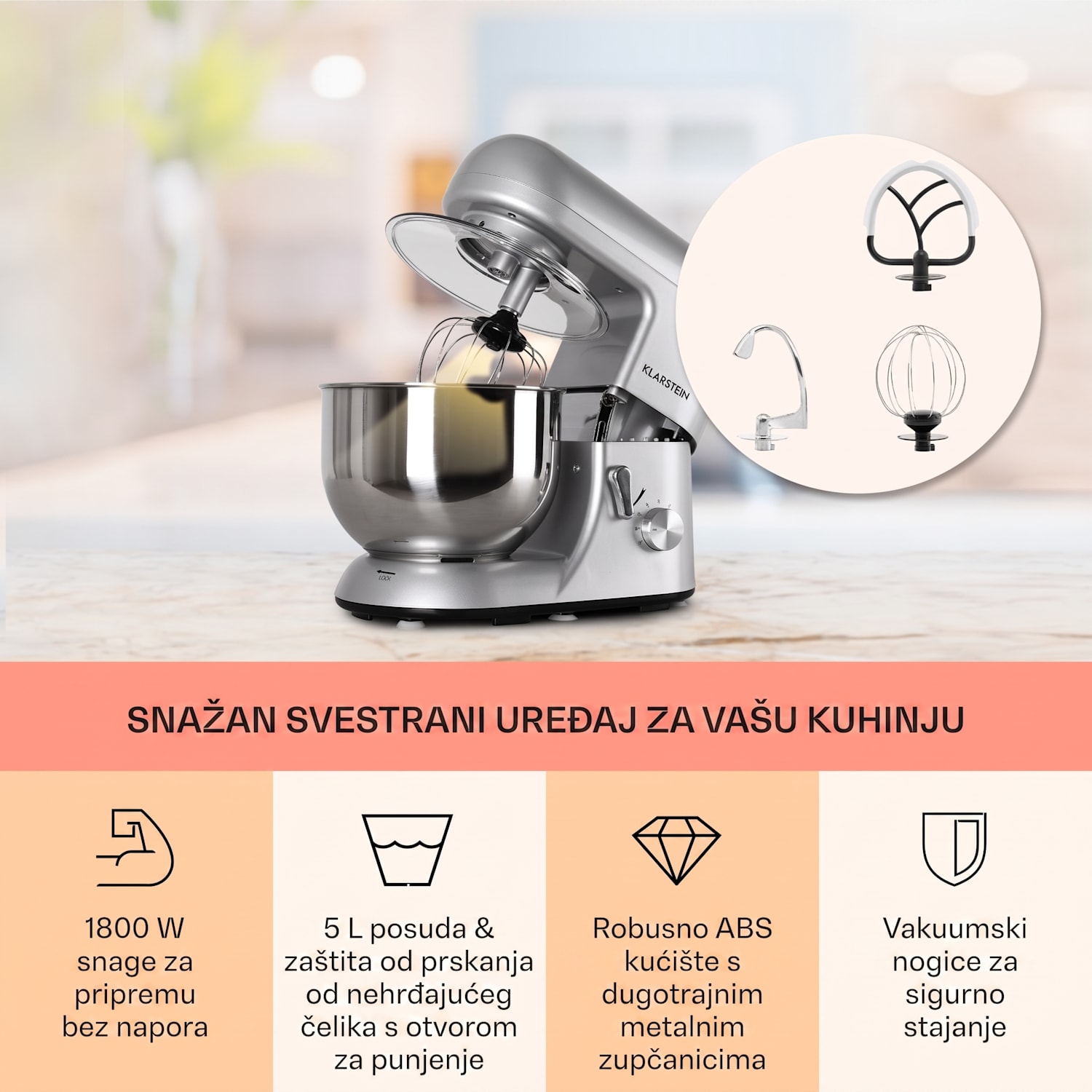 Bella, kuhinjski robot, 1800 W Srebrna metalik