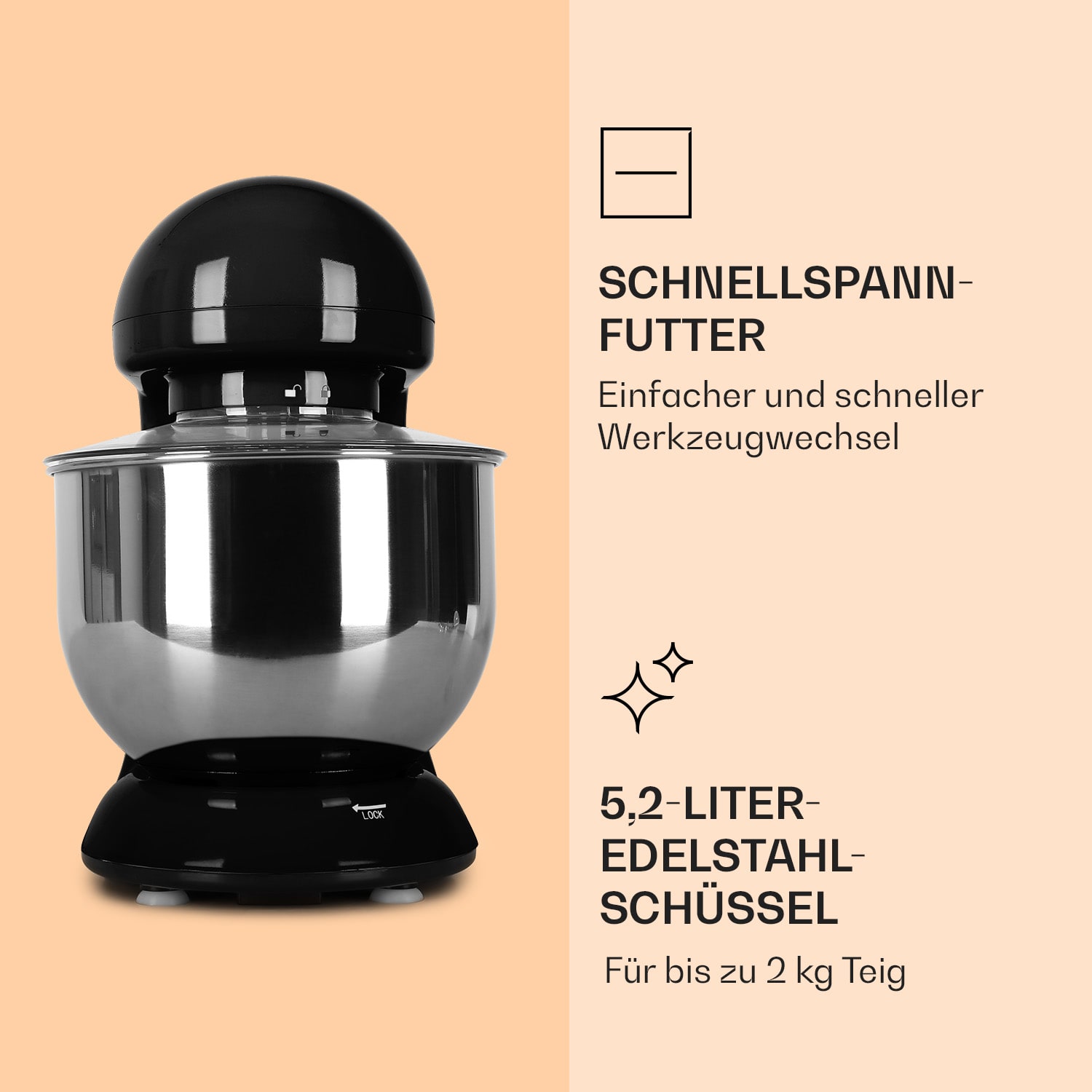 Bella Küchenmaschine 1800 W / 2,7 PS 5 Ltr Edelstahl BPA-frei Schwarz
