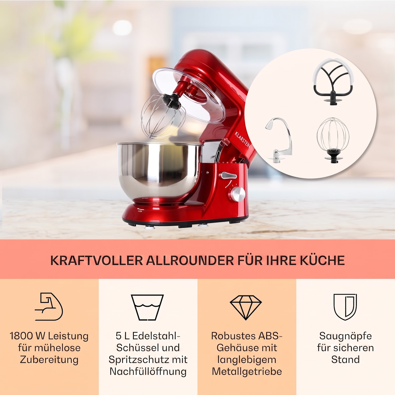 Bella Küchenmaschine 1800 W / 2,7 PS 5 Ltr Edelstahl BPA-frei Rot
