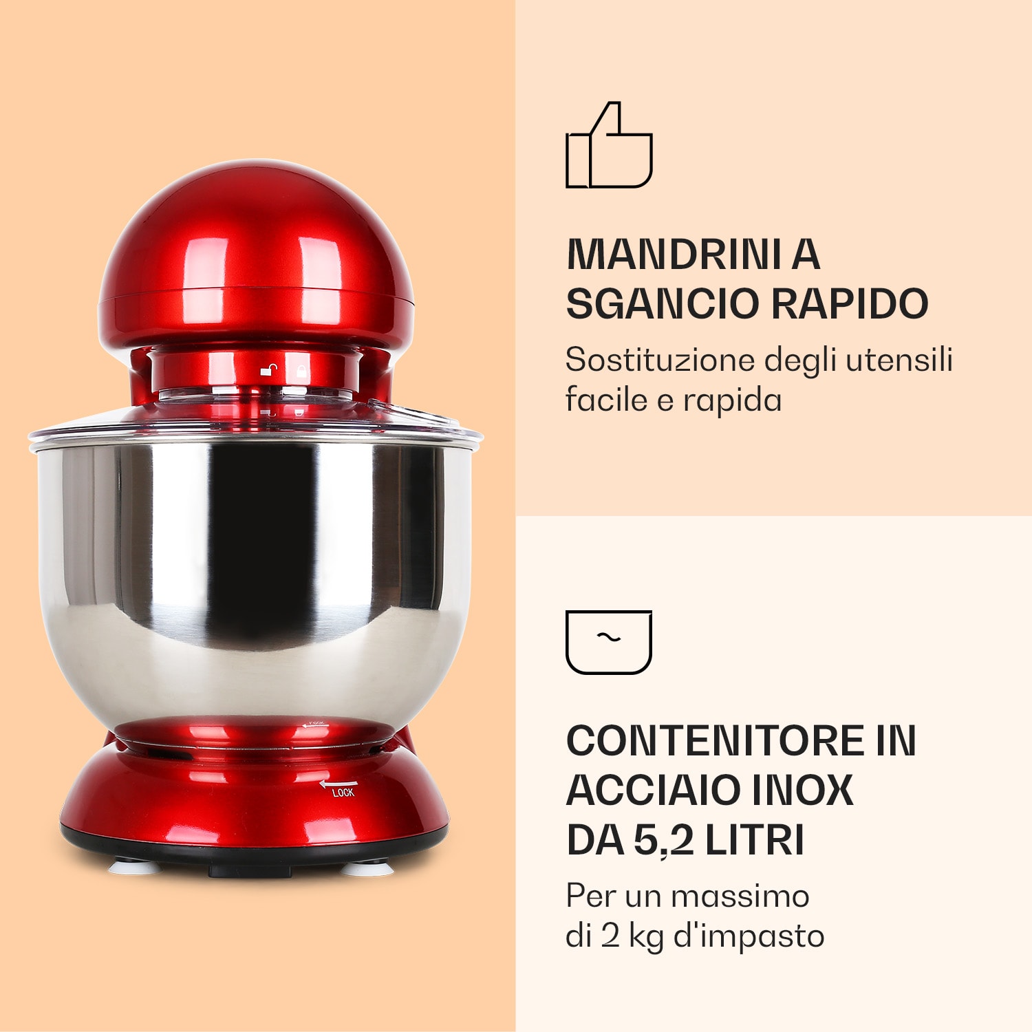 Robot da cucina Bella 1800 W / 2,7 PS 5 litri in acciaio inossidabile senza BPA Rosso
