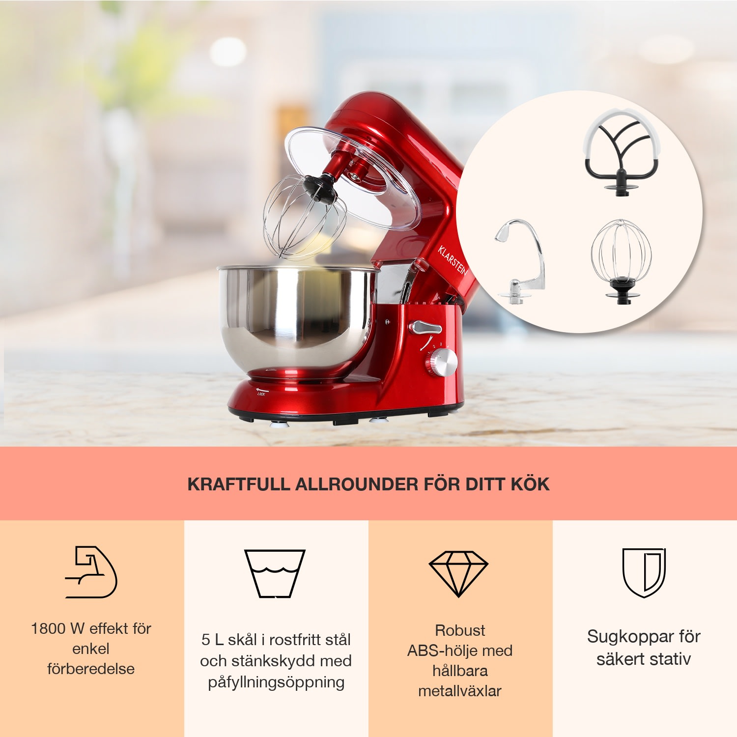 Bella köksmaskin 1 800 W / 2,7 hk 5 l rostfritt stål BPA-fri Röd