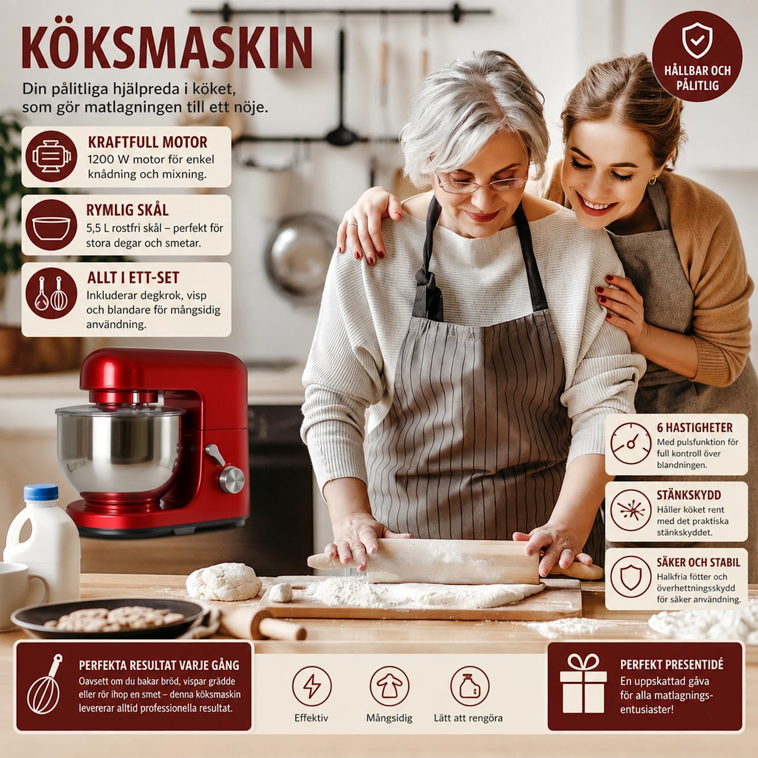 Bella köksmaskin 1 800 W / 2,7 hk 5 l rostfritt stål BPA-fri Röd