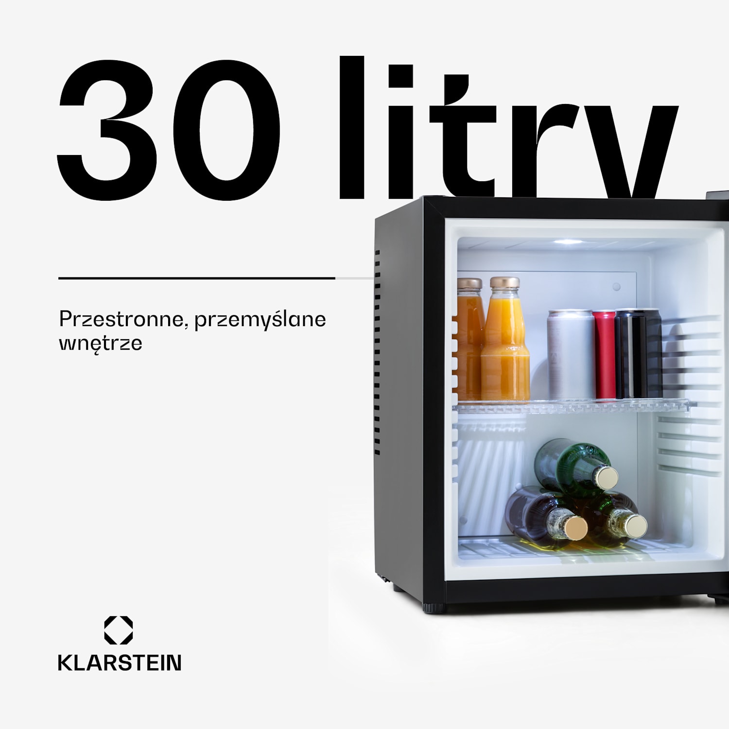Happy Hour 30, mini lodówka, 30 l, 5-15°C, klasa energetyczna G, cicha 25 dB, oświetlenie LED 30 litrów | Czarny