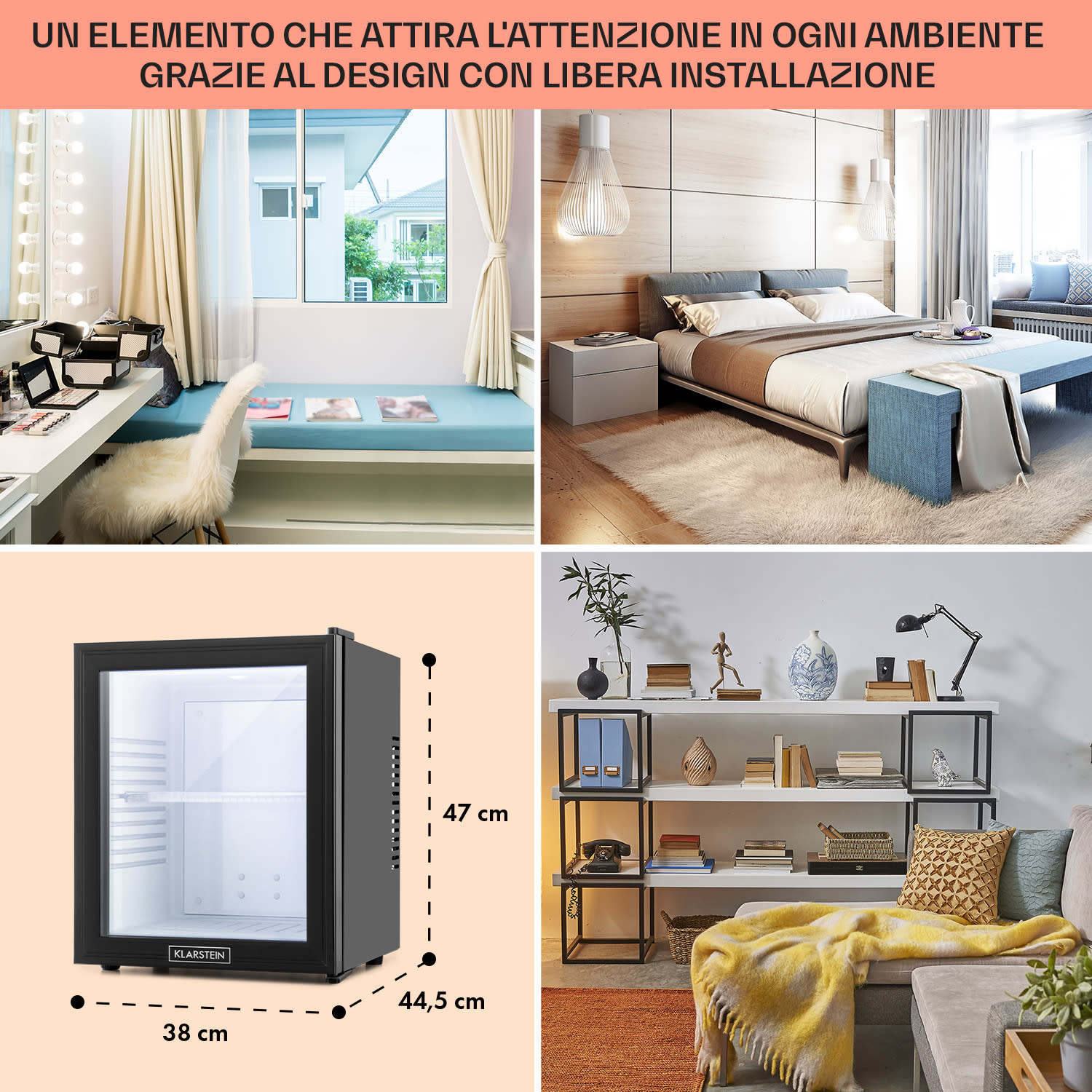 Brooklyn Minibar Mini frigo 3 livelli di temperatura Volume: 30L 23 dB Porta di vetro nera 30 L | Nero | Bianco