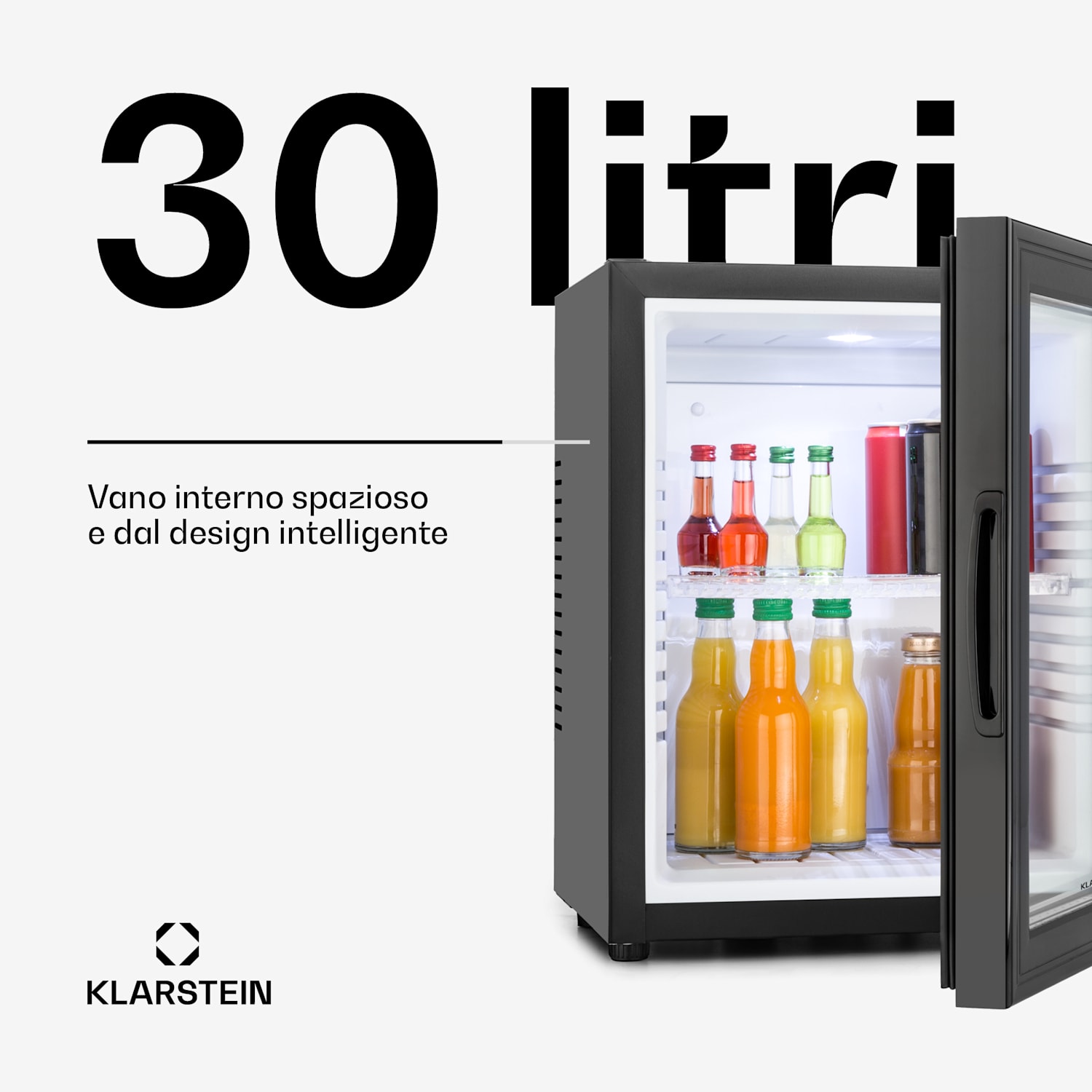 Brooklyn Minibar Mini frigo 3 livelli di temperatura Volume: 30L 23 dB Porta di vetro nera 30 Ltr | Nero | Bianco