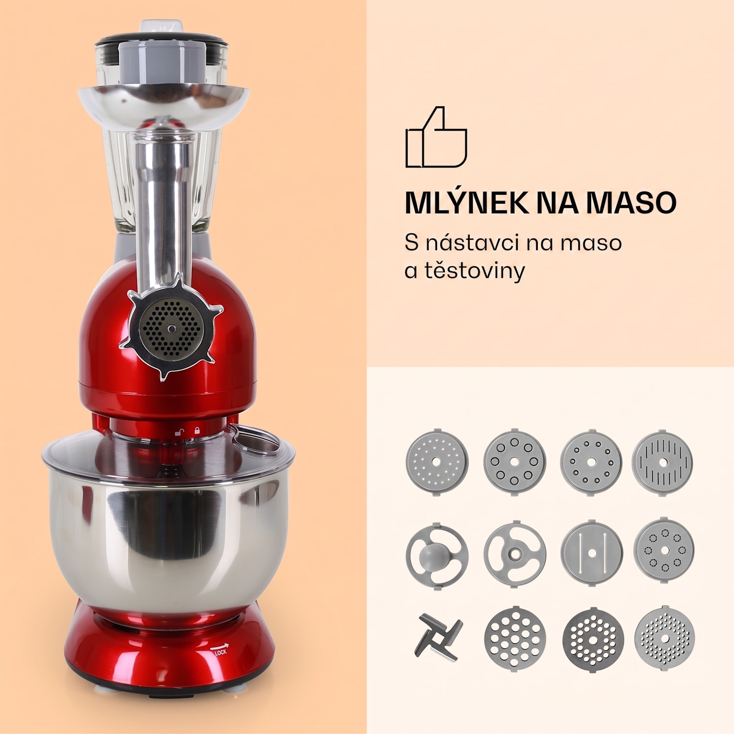 Lucia, kuchyňský robot, mixér, mlýnek, 1800 W, 2,7 HP, 5 l, nerezová ocel, bez BPA Červená