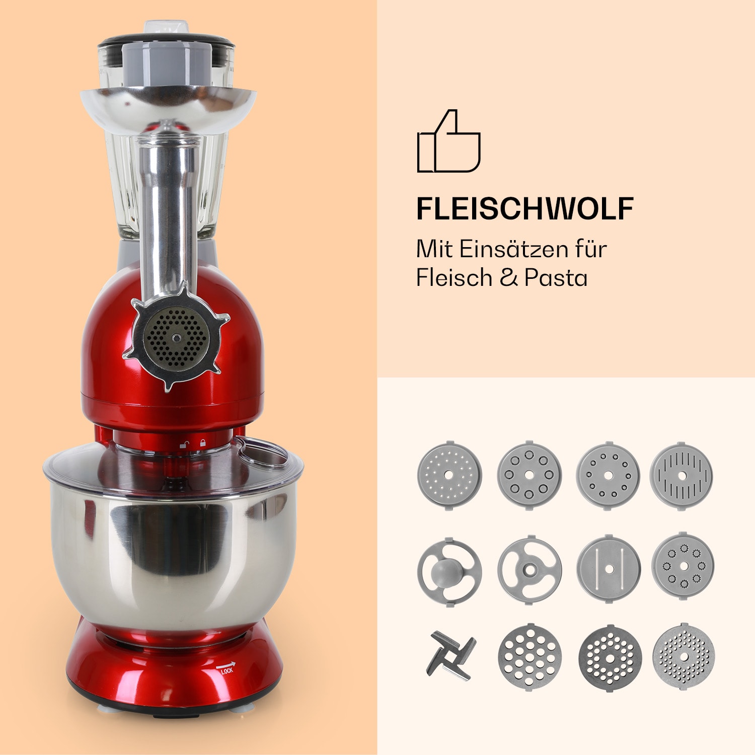 Lucia Küchenmaschine 3-in-1 1800 W / 2,7 PS 5 Ltr Edelstahl BPA-frei Rot