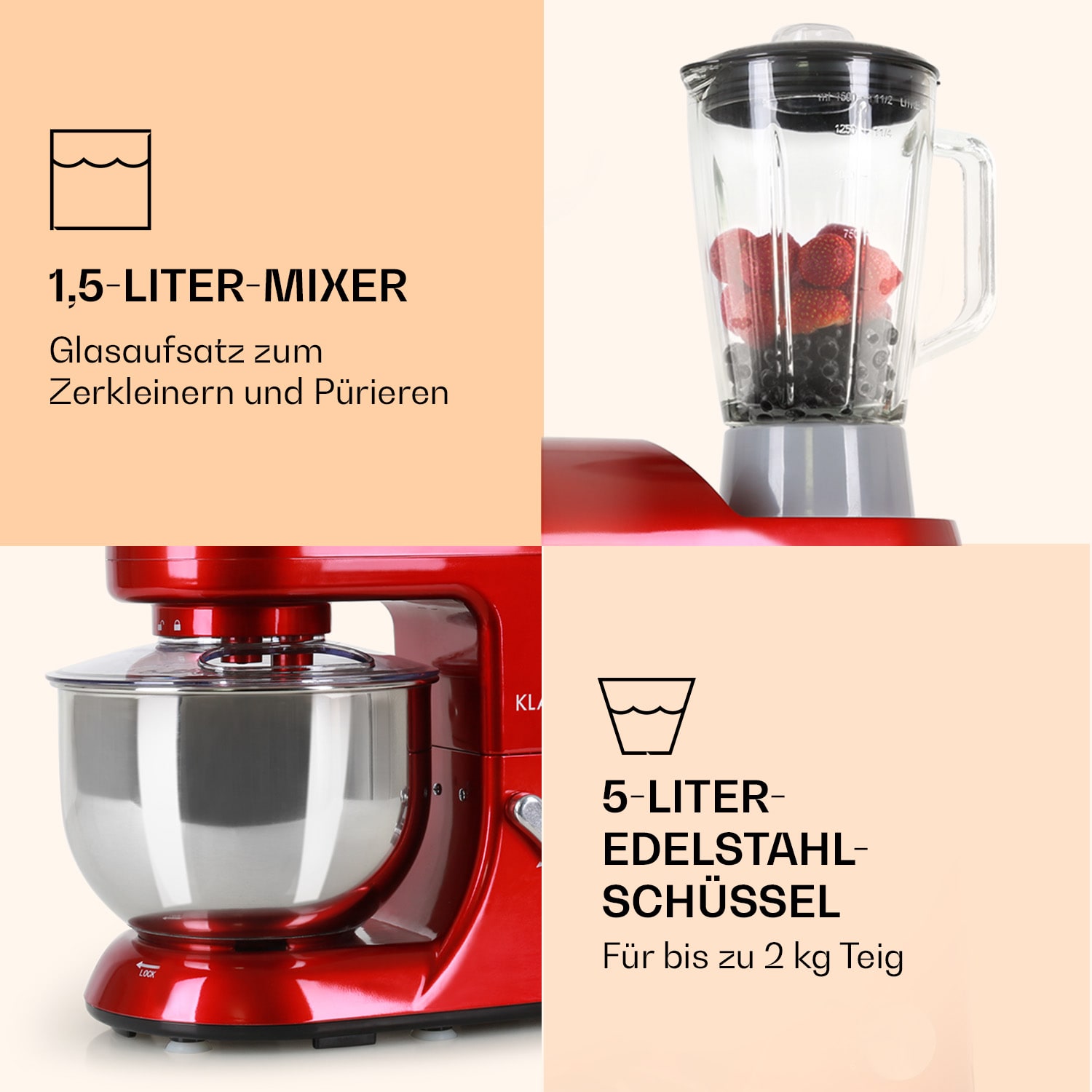Lucia Küchenmaschine 3-in-1 1800 W / 2,7 PS 5 Ltr Edelstahl BPA-frei Rot