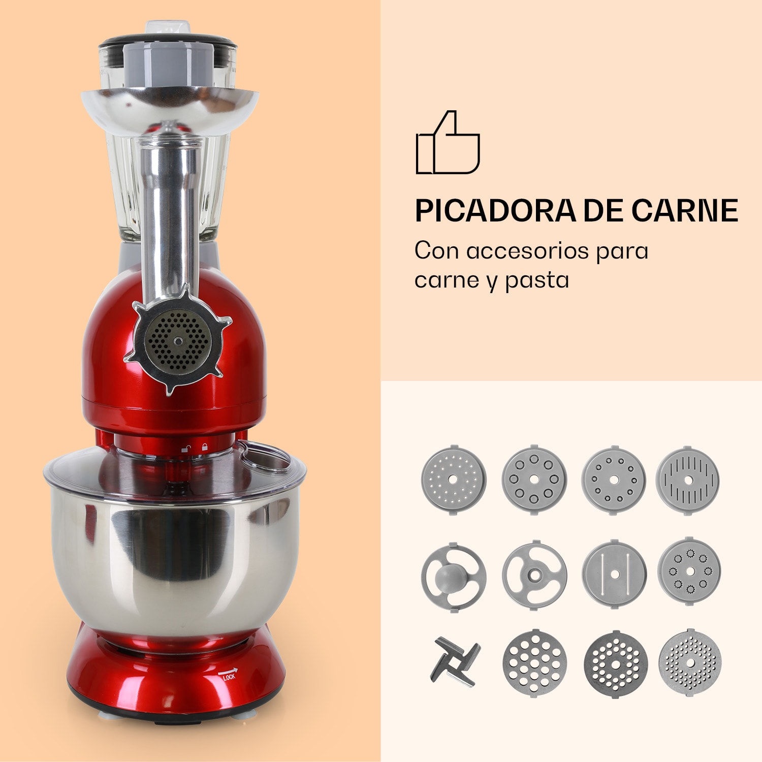 Lucia robot de cocina 3 en 1 1800 W/2,7 PS 5 L acero inoxidable sin BPA Rojo