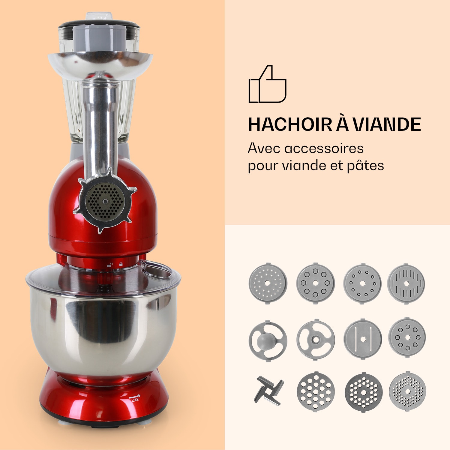 Lucia Robot ménager 3-en-1 1800 W / 2,7 ch 5 l Acier inoxydable sans BPA Rouge