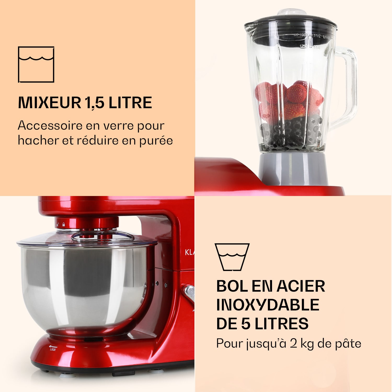 Lucia Robot ménager 3-en-1 1800 W / 2,7 ch 5 l Acier inoxydable sans BPA Rouge