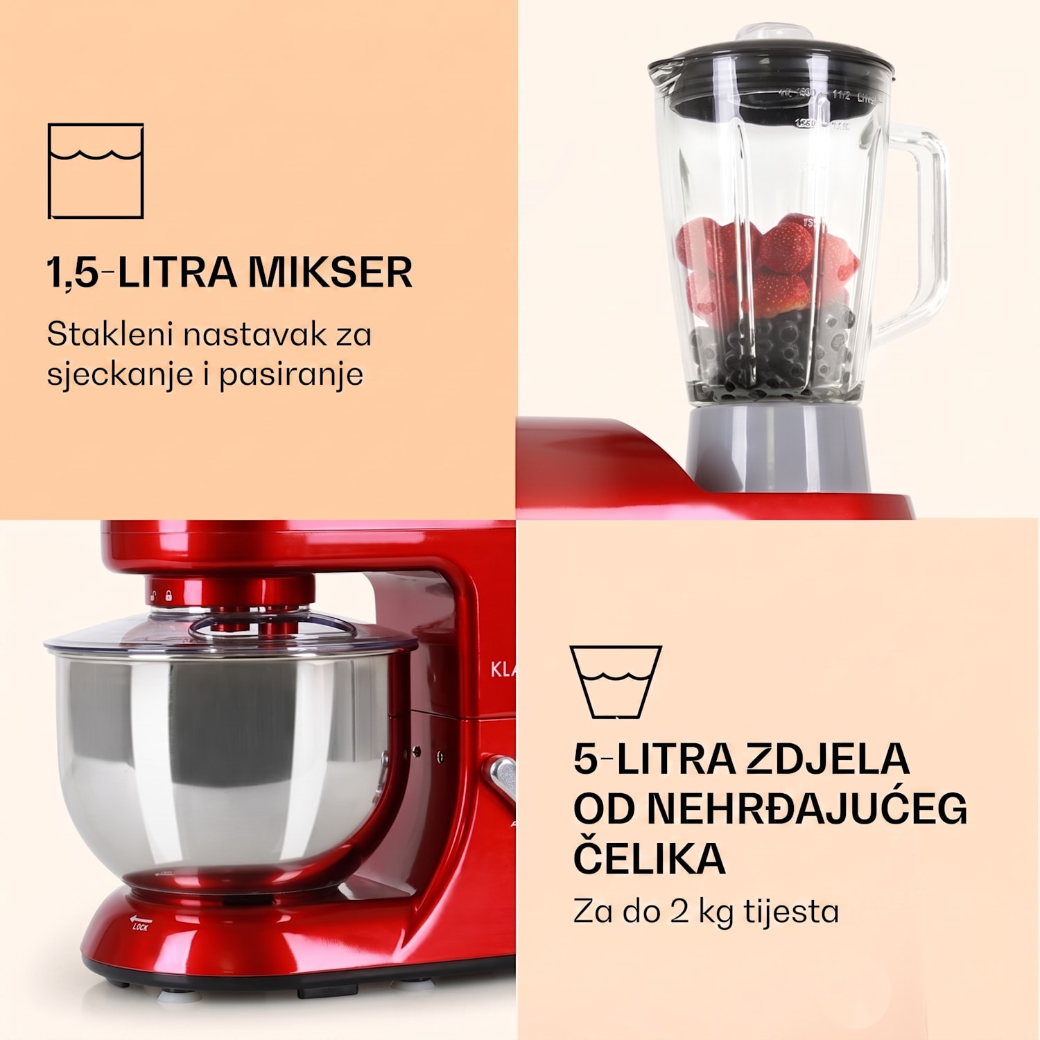 Lucia, kuhinjski robot, 3-u-1, 1800 W / 2,7 KS, 5 litara, nehrđajući čelik, bez BPA Crvena