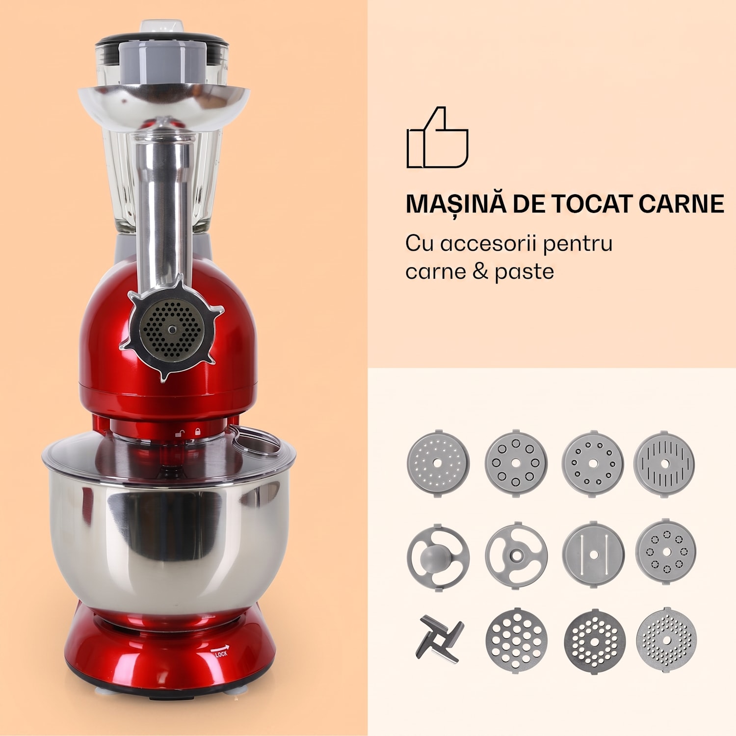 Lucia, robot de bucătărie, 3 in 1, 1800 W / 2,7 PS, 5l, otel inoxidabil, fara BPA Roșu