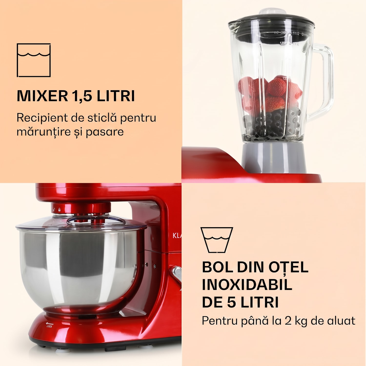 Lucia, robot de bucătărie, 3 in 1, 1800 W / 2,7 PS, 5l, otel inoxidabil, fara BPA Roșu
