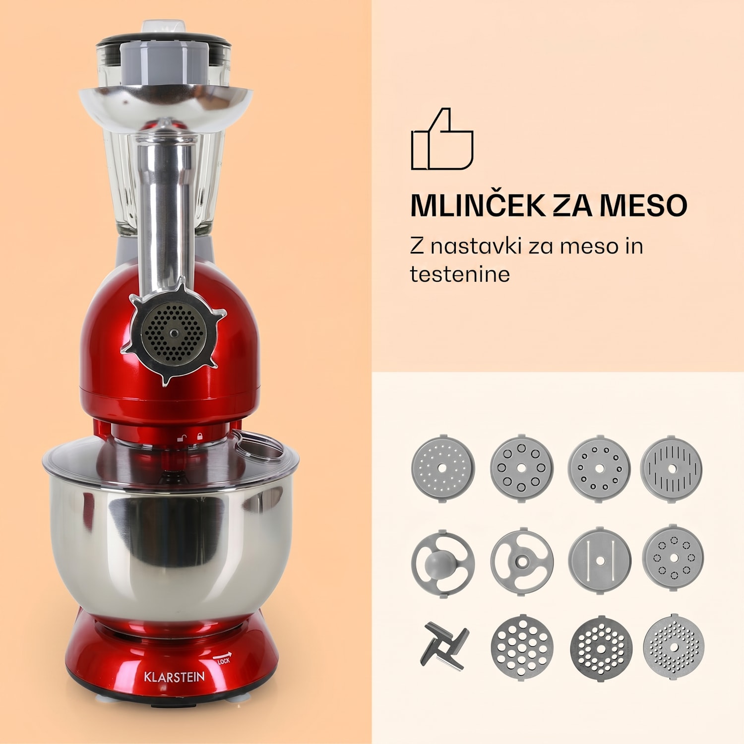 Lucia kuhinjski robot 3-v-1, 1800 W / 2.7 PS 5 litrov nerjaveče jeklo, brez BPA Rdeča