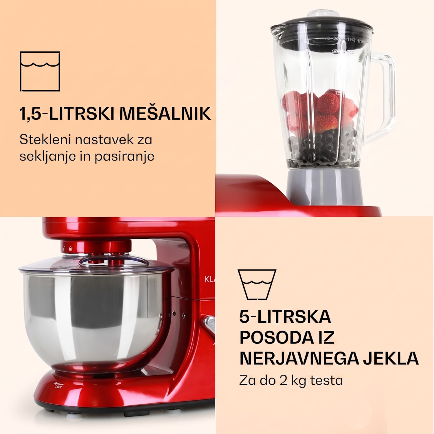Lucia kuhinjski robot 3-v-1, 1800 W / 2.7 PS 5 litrov nerjaveče jeklo, brez BPA Rdeča
