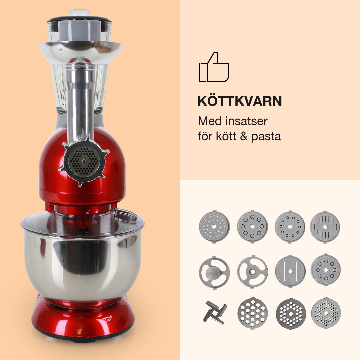 Lucia köksmaskin 3-i-1 1 800 W / 2,7 hk 5 l rostfritt stål BPA-fri Röd