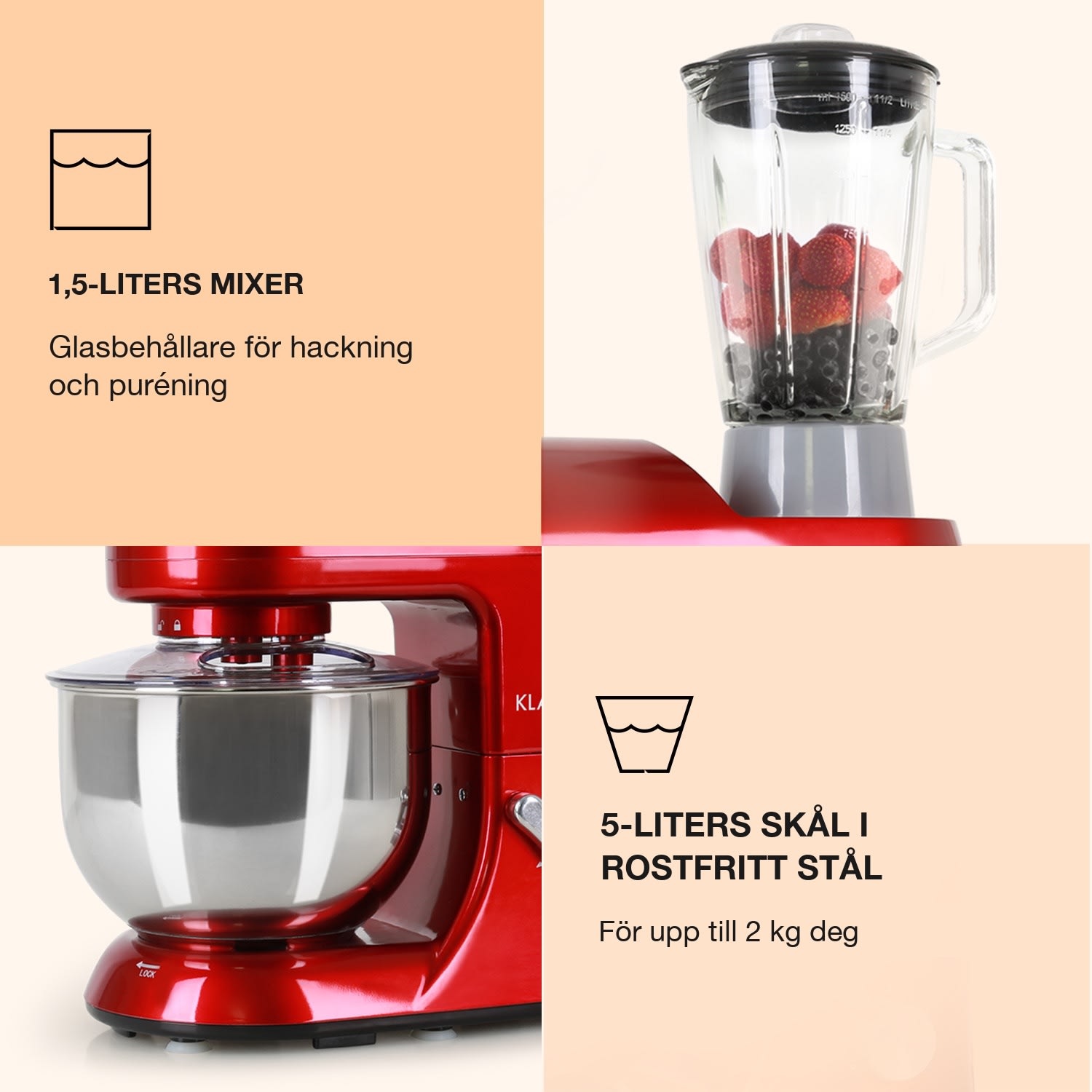Lucia köksmaskin 3-i-1 1 800 W / 2,7 hk 5 l rostfritt stål BPA-fri Röd