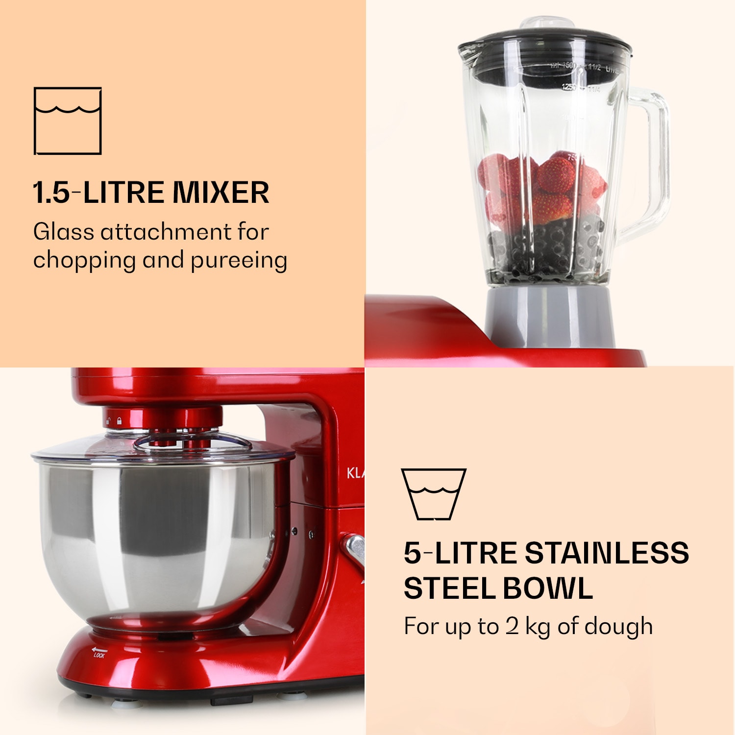 Lucia Food Processor 3-in-1 1800 W / 2.7 PS 5 Litre Stainless Steel BPA-free Red