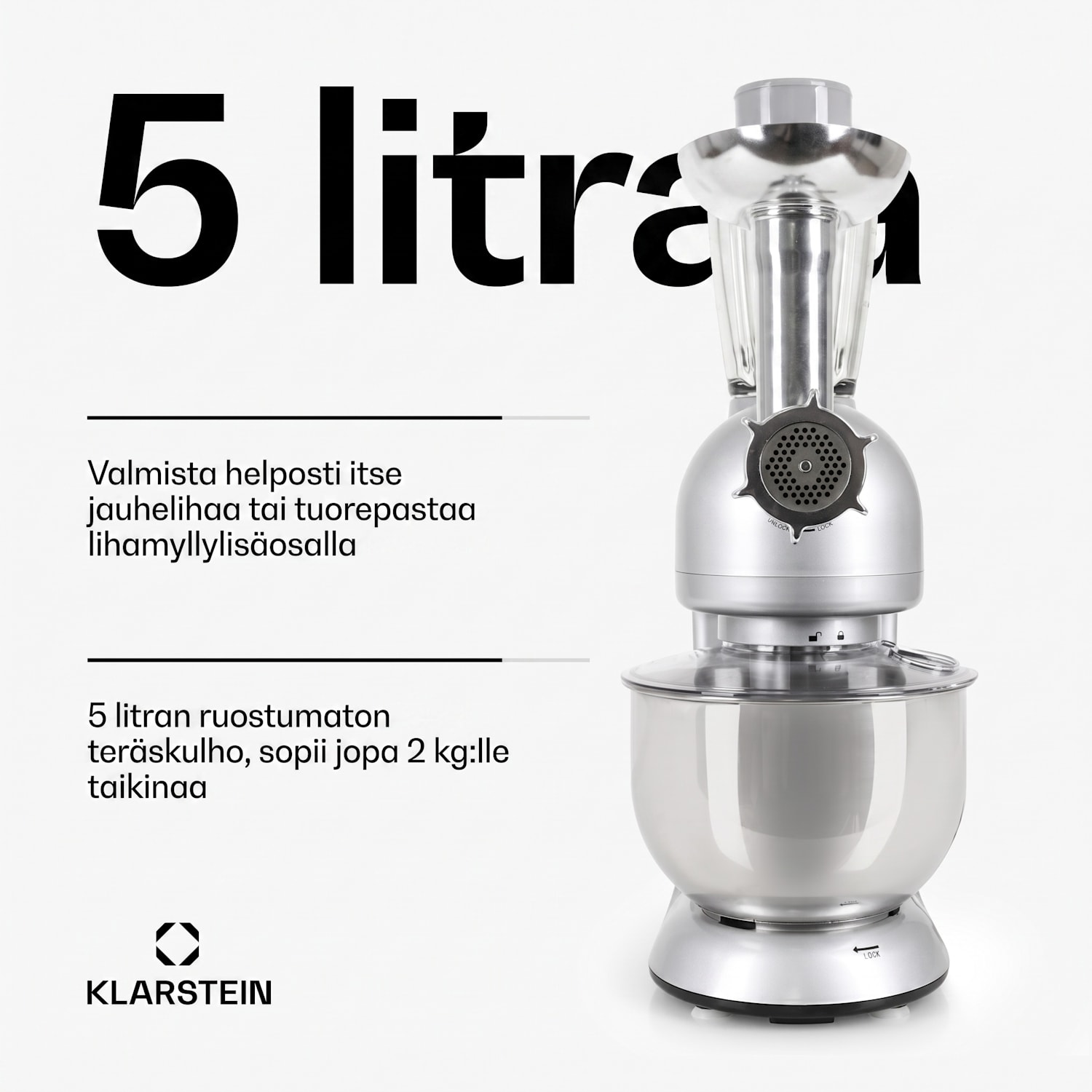 Lucia-yleiskone 3-in-1 1800 W / 2,7 hv 5 litraa ruostumatonta terästä BPA-vapaa Hopea Metallinen