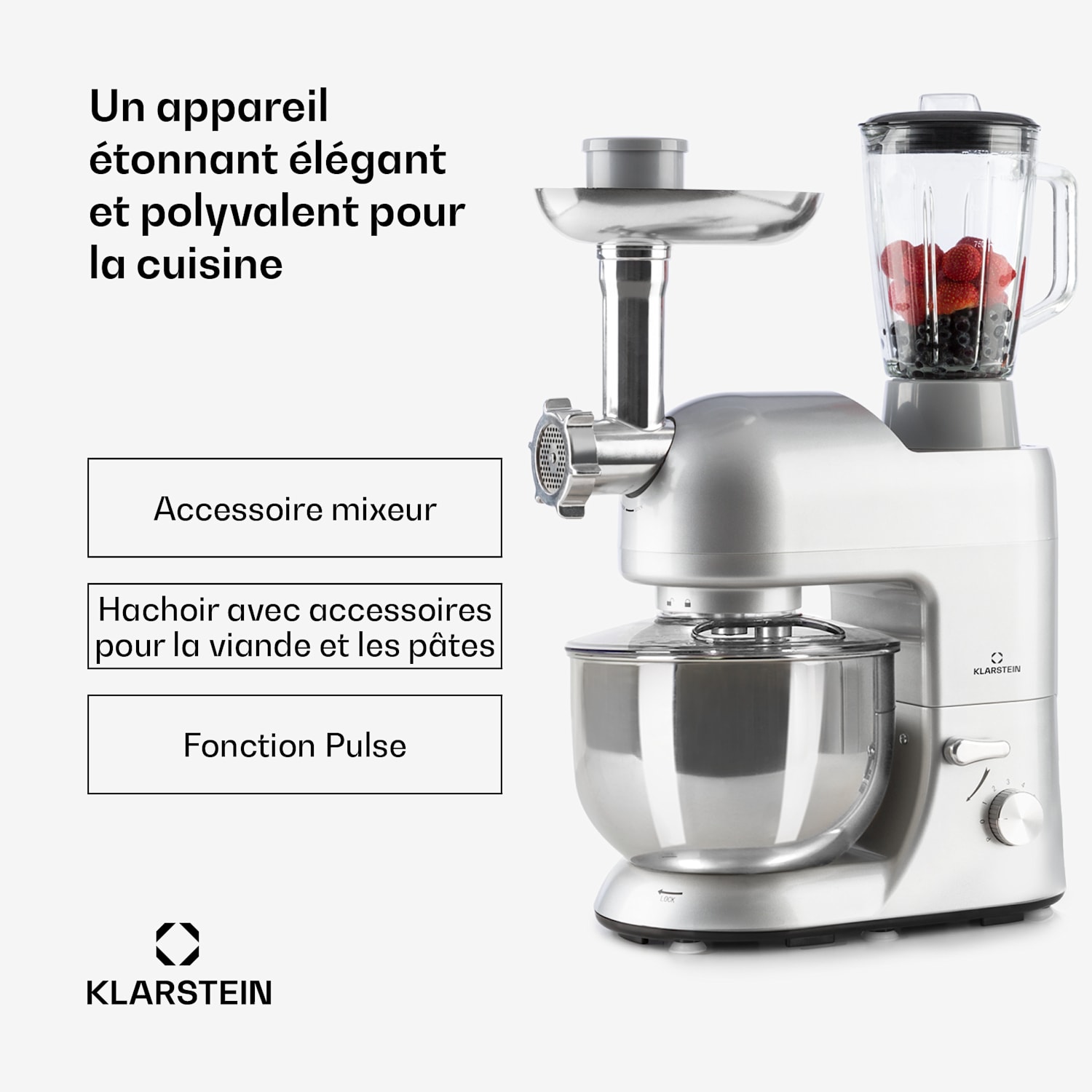 Lucia Robot ménager 3-en-1 1800 W / 2,7 ch 5 l Acier inoxydable sans BPA Argent Métallisé