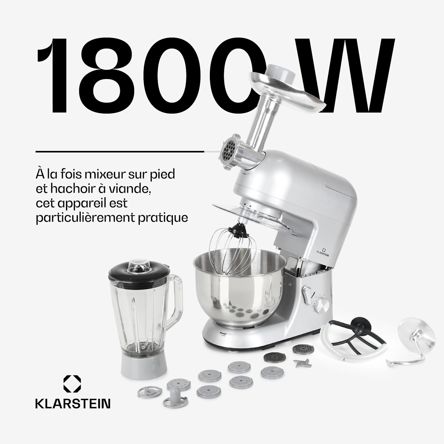 Lucia Robot ménager 3-en-1 1800 W / 2,7 ch 5 l Acier inoxydable sans BPA Argent Métallisé