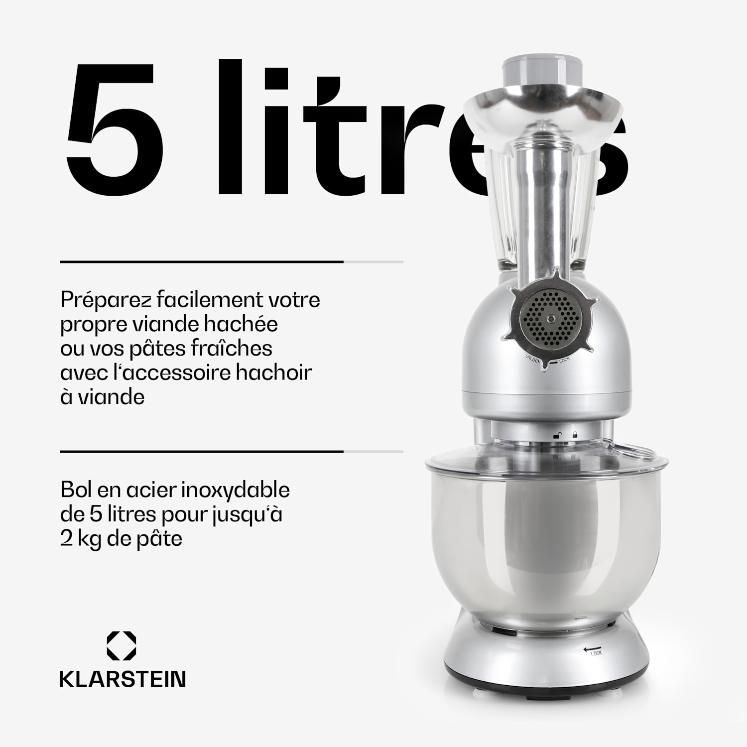 Lucia Robot ménager 3-en-1 1800 W / 2,7 ch 5 l Acier inoxydable sans BPA Argent Métallisé