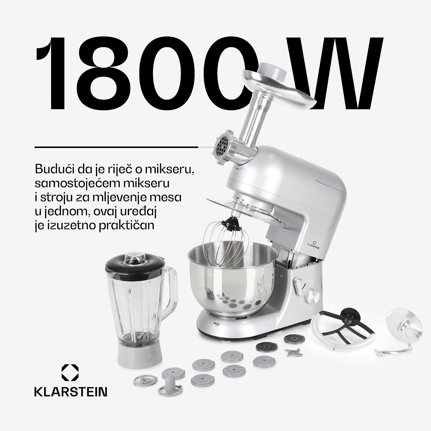 Lucia, kuhinjski robot, 3-u-1, 1800 W / 2,7 KS, 5 litara, nehrđajući čelik, bez BPA Srebrna metalik