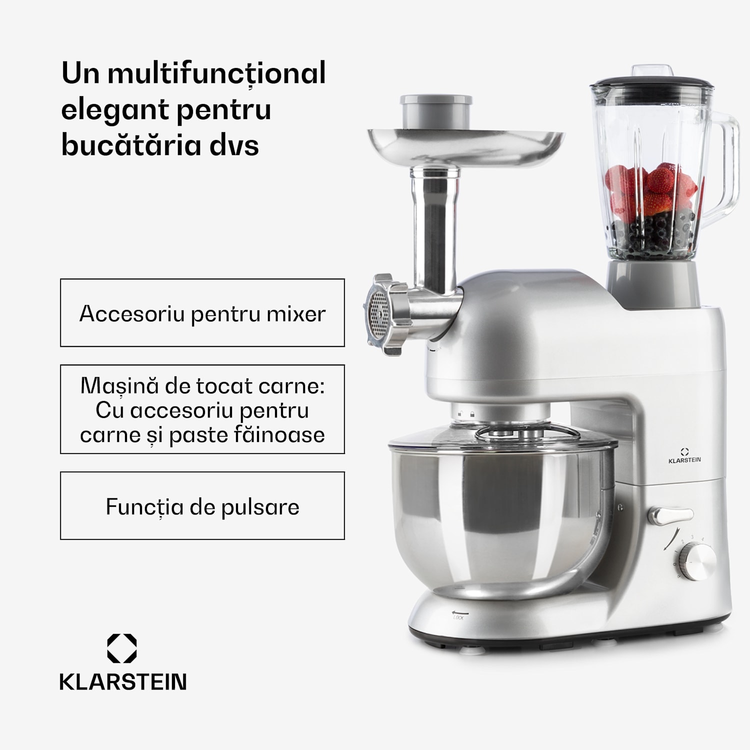 Lucia, robot de bucatarie, 3 in 1, 1800 W / 2,7 PS, 5l, otel inoxidabil, fara BPA Gri