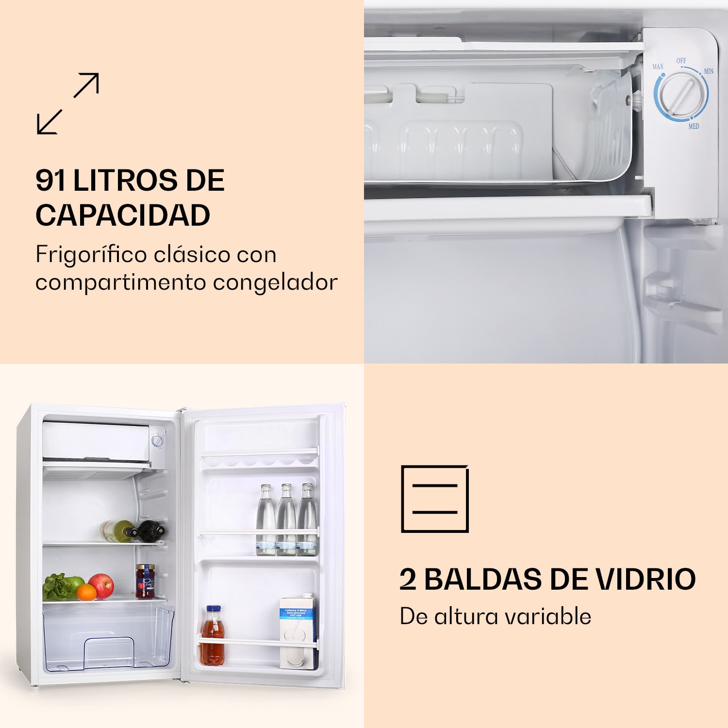Frigorífico 90L1-WH 91 litros, 47 x 84 x 48 cm (ancho x fondo) 41 dB blanco 