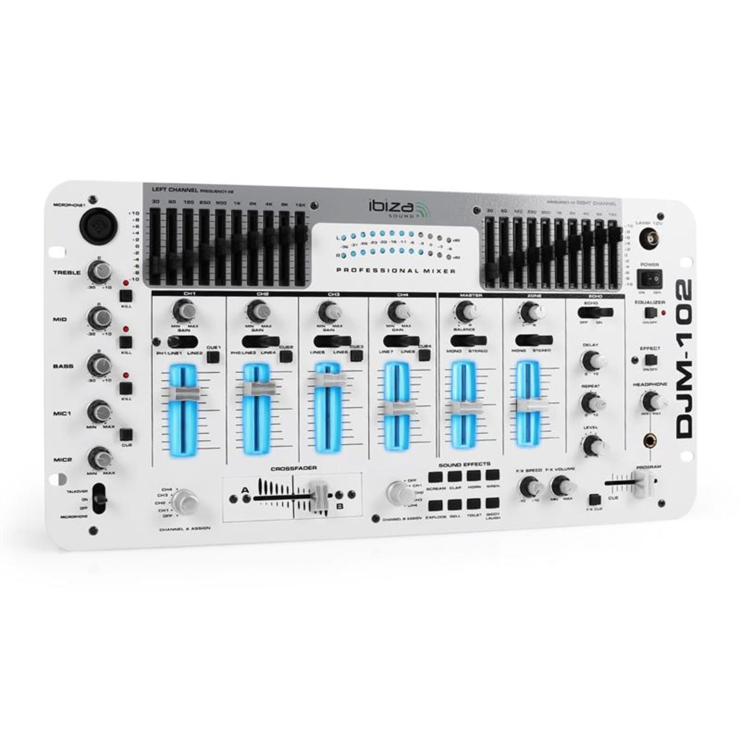 4kanálový mixpult IBIZA DJM-102, LED, echo, battle, bílý 