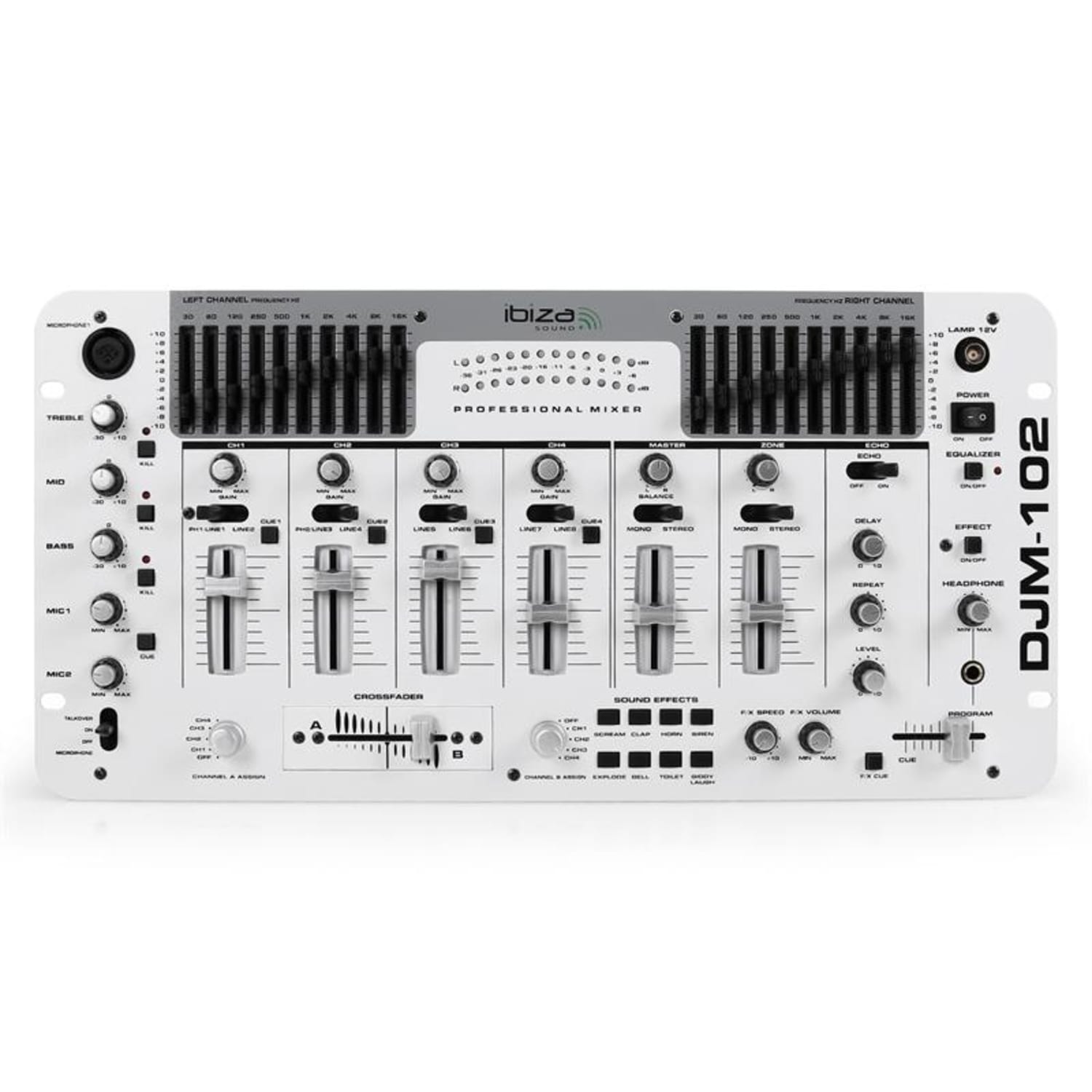 4kanálový mixpult IBIZA DJM-102, LED, echo, battle, bílý 