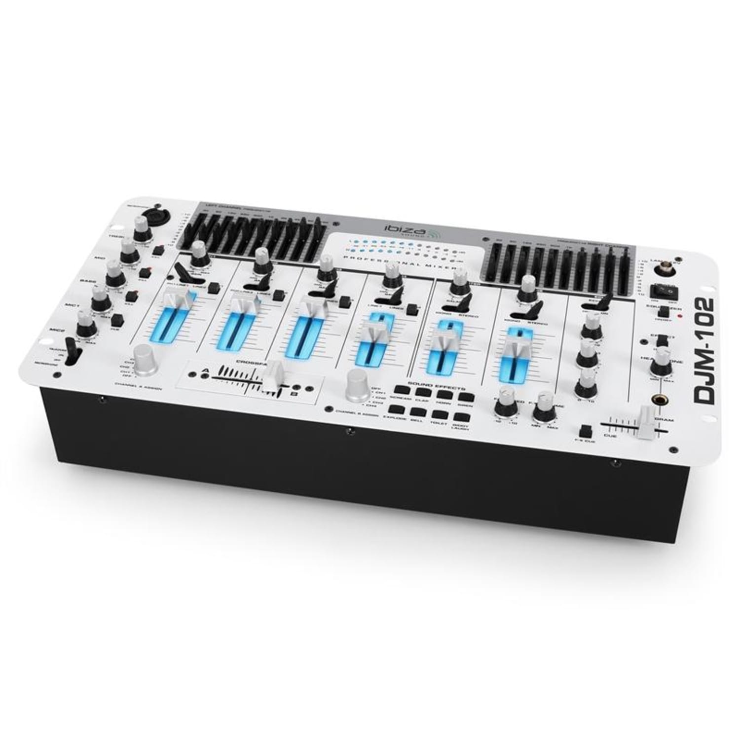 4kanálový mixpult IBIZA DJM-102, LED, echo, battle, bílý 