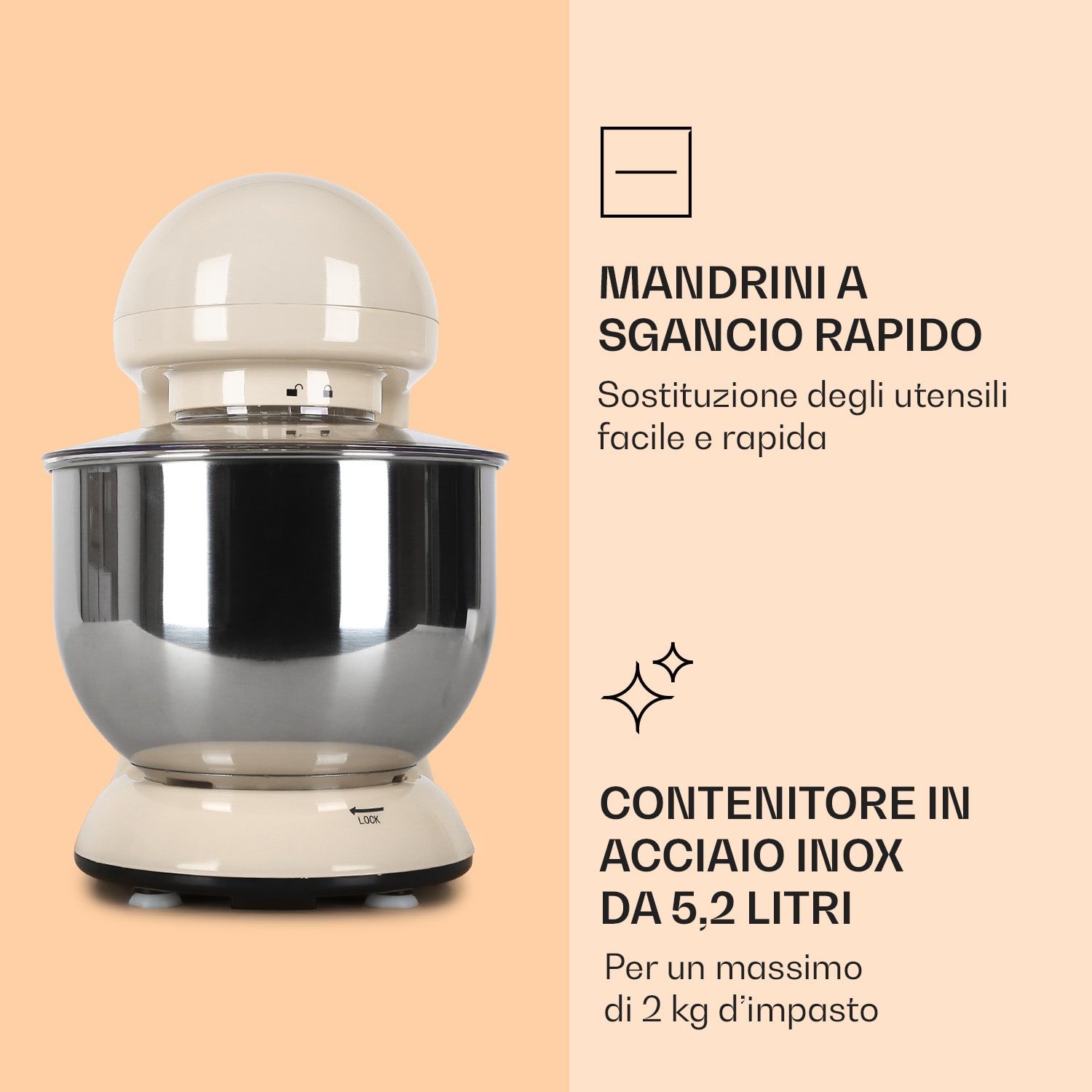 Robot da cucina Bella 1800 W / 2,7 PS 5 litri in acciaio inossidabile senza BPA Crema vintage