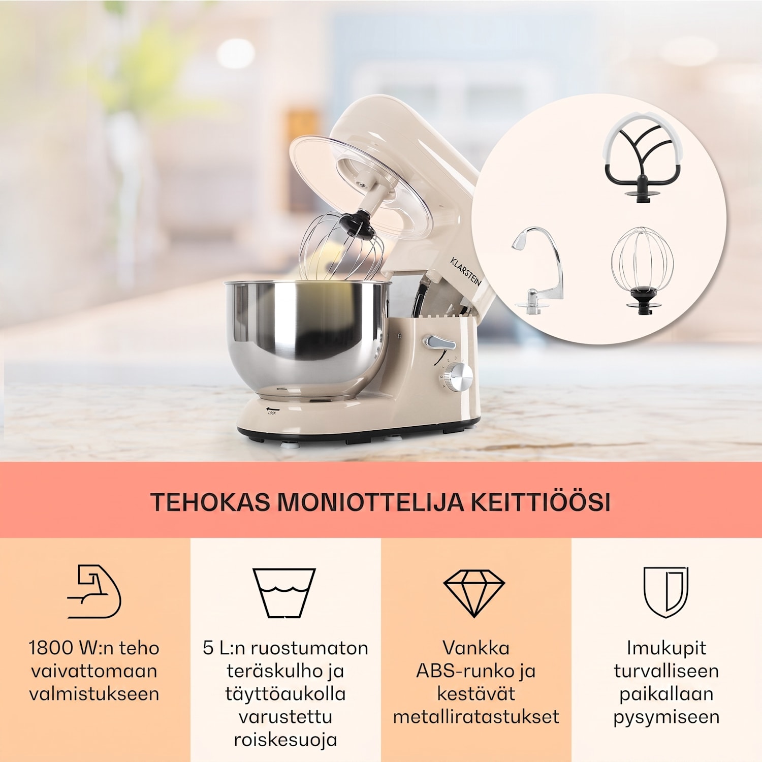 Bella-yleiskone 1800 W / 2,7 hv 5 litraa ruostumatonta terästä BPA-vapaa Vintage Kerma