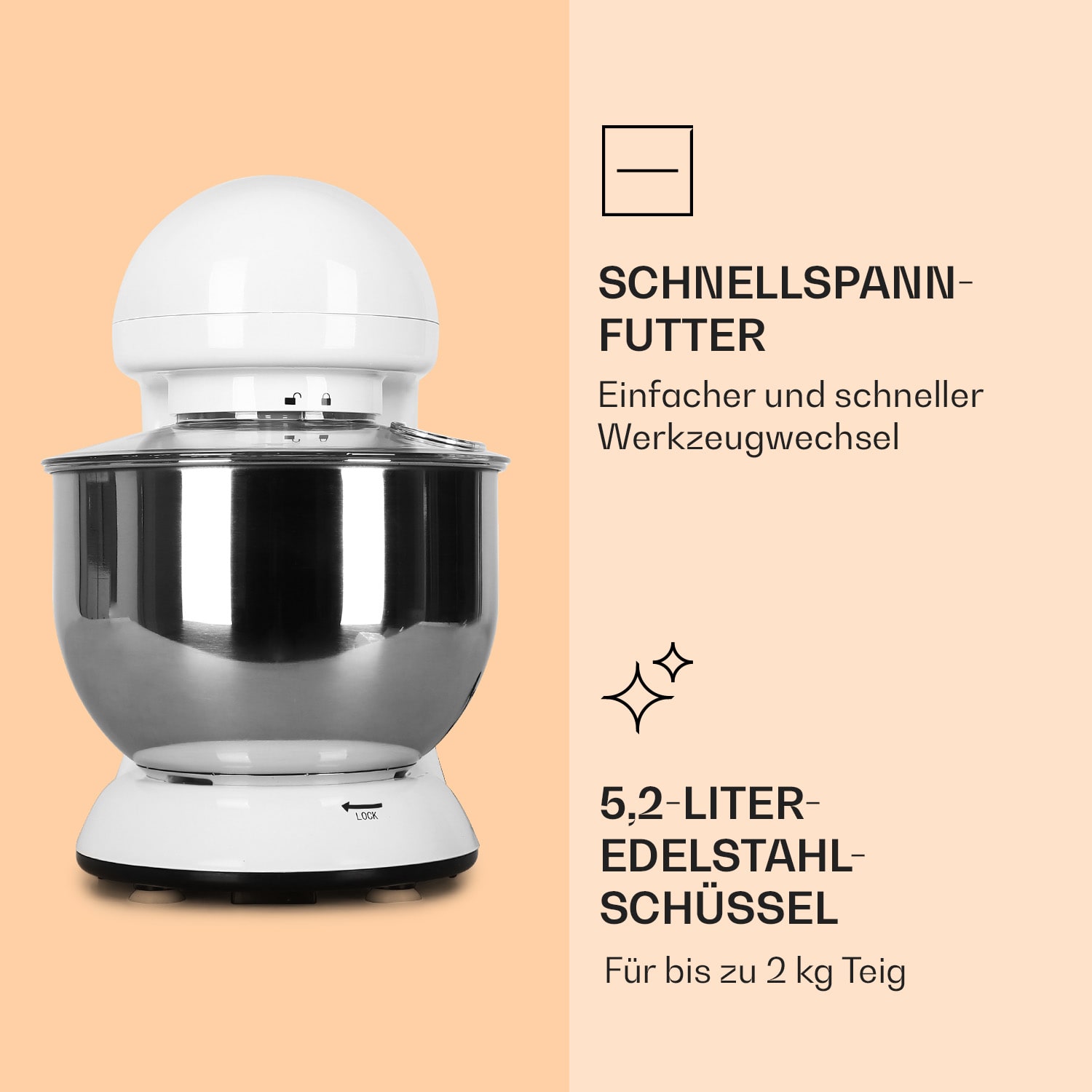 Bella Küchenmaschine 1800 W / 2,7 PS 5 Ltr Edelstahl BPA-frei Weiß