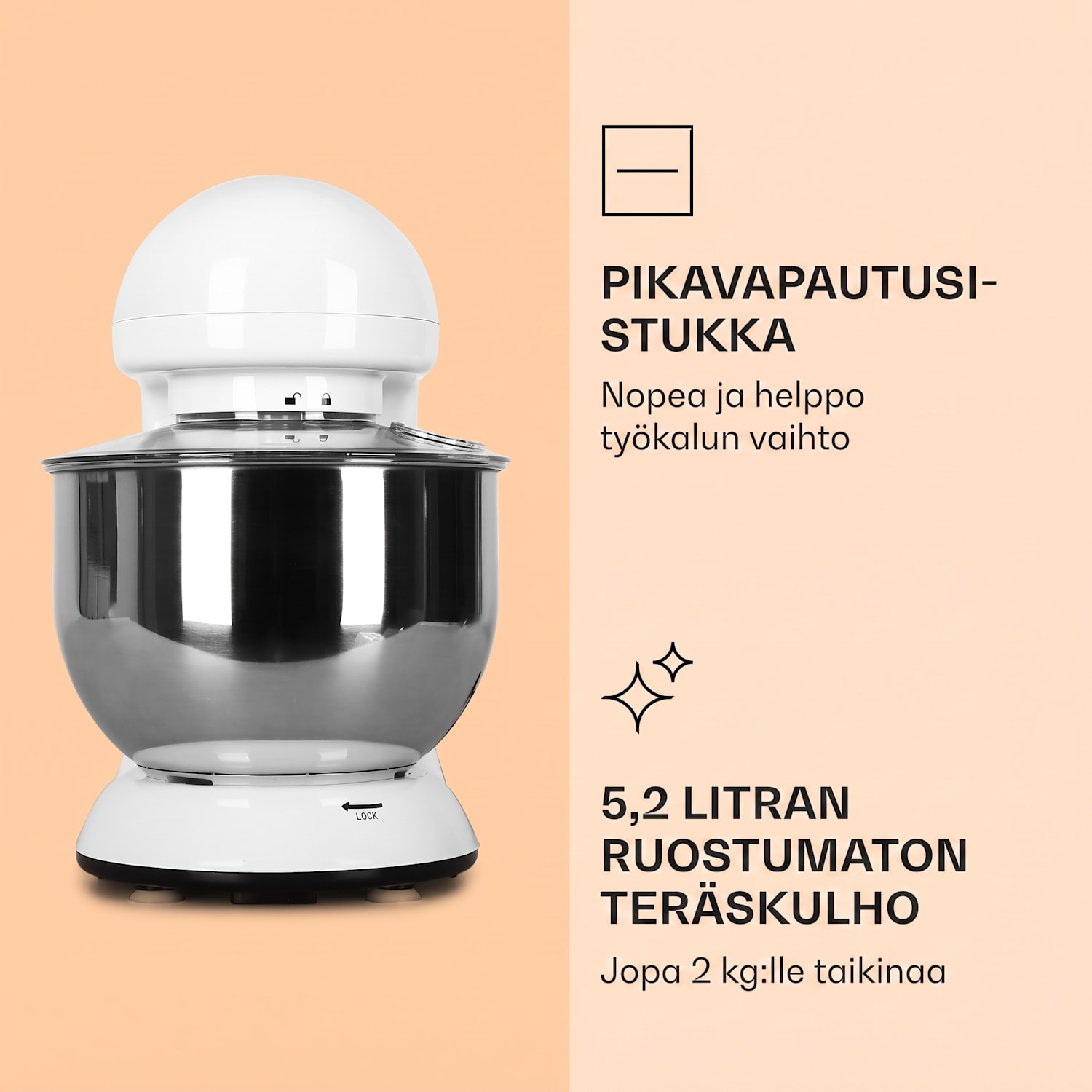 Bella-yleiskone 1800 W / 2,7 hv 5 litraa ruostumatonta terästä BPA-vapaa Valkoinen