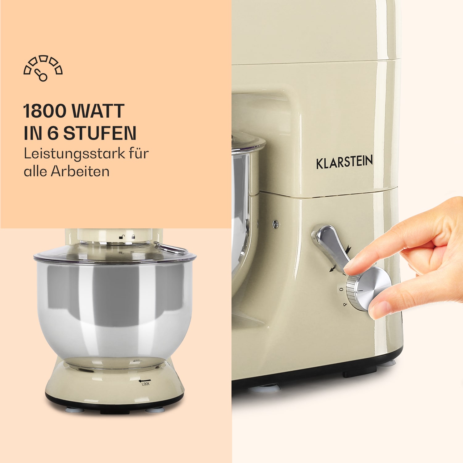 Lucia Küchenmaschine 3-in-1 1800 W / 2,7 PS 5 Ltr Edelstahl BPA-frei Vintage-Creme