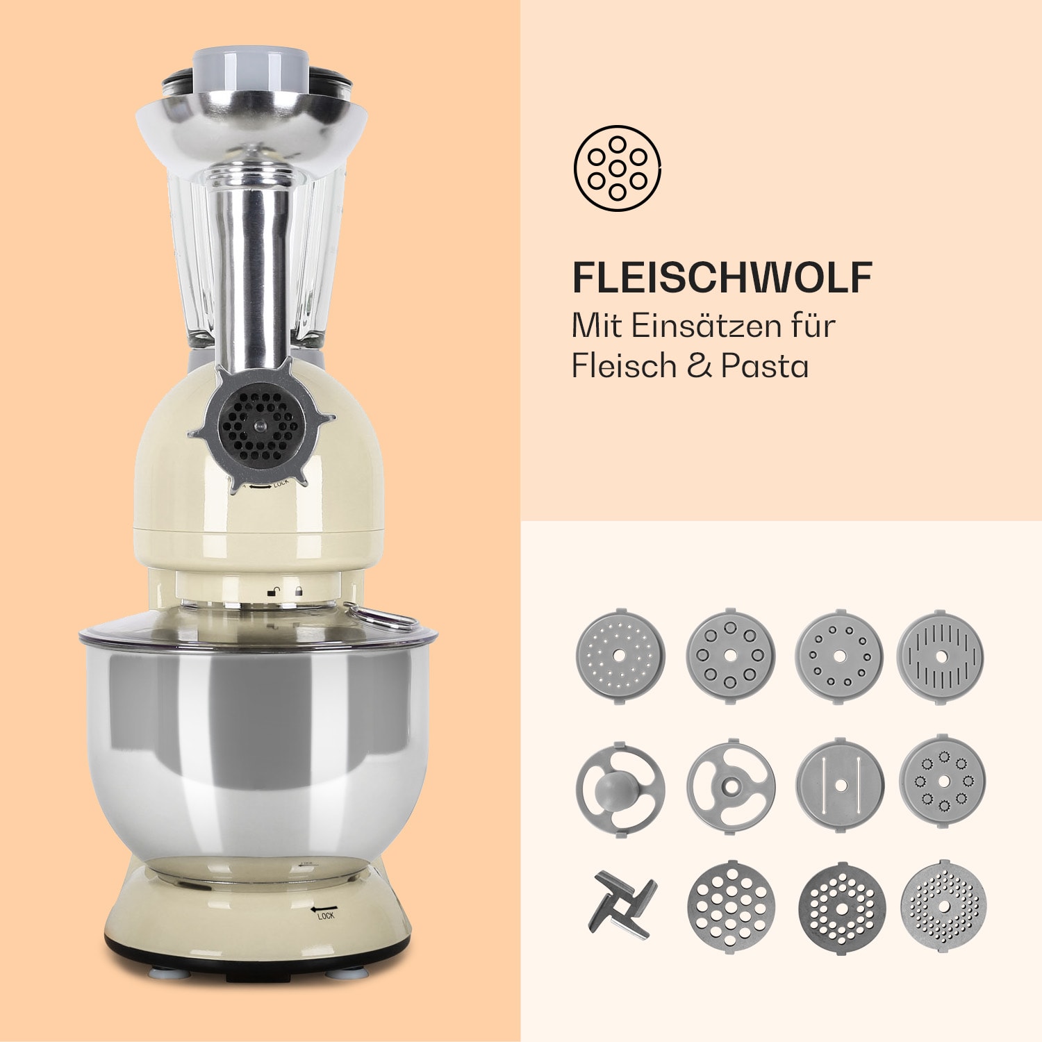 Lucia Küchenmaschine 3-in-1 1800 W / 2,7 PS 5 Ltr Edelstahl BPA-frei Vintage-Creme