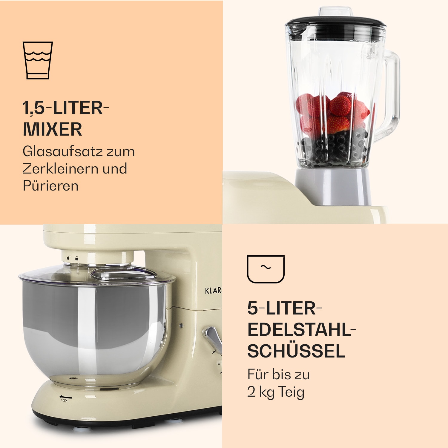 Lucia Küchenmaschine 3-in-1 1800 W / 2,7 PS 5 Ltr Edelstahl BPA-frei Vintage-Creme