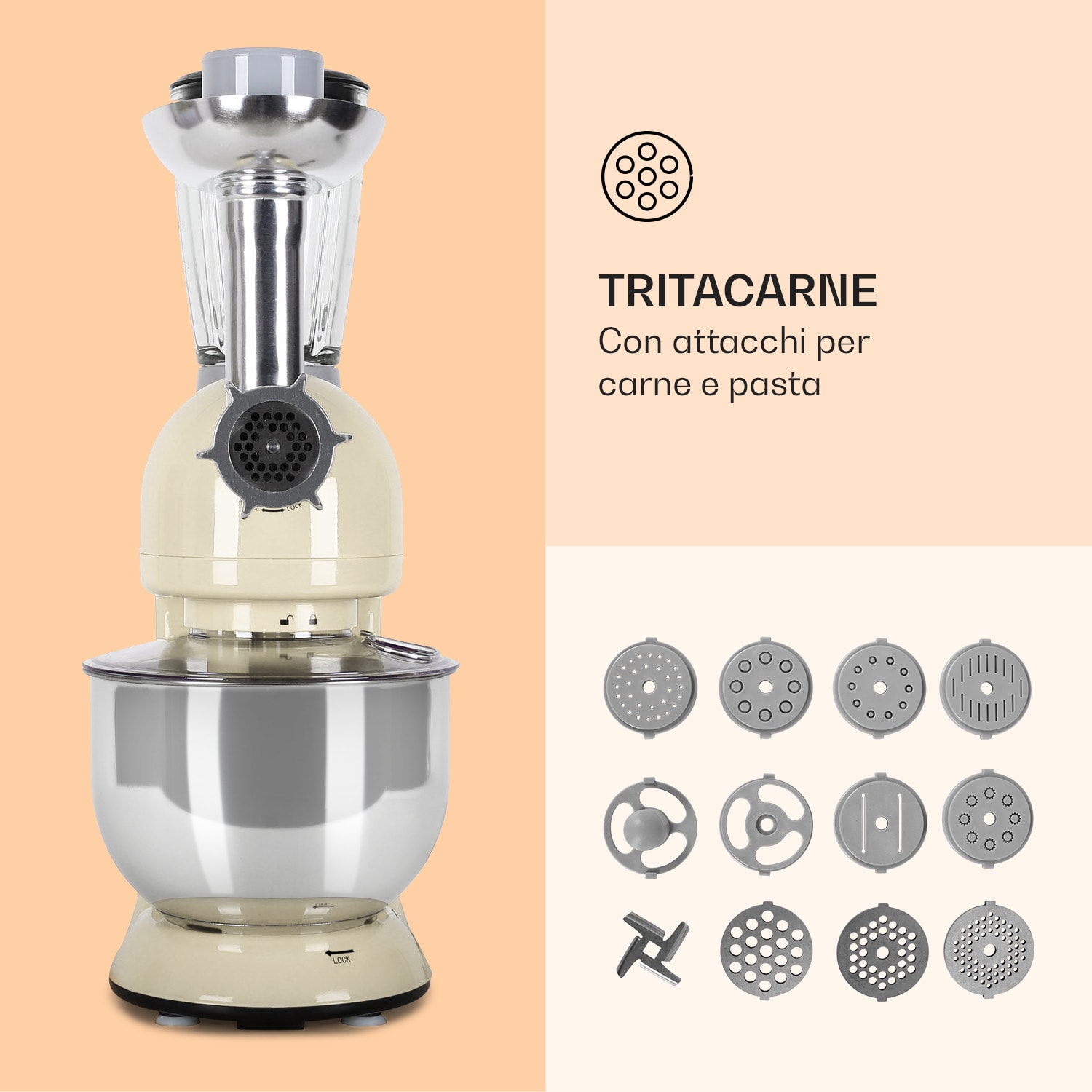 Lucia robot da cucina 3 in 1, 1800 W / 2,7 PS 5 litri in acciaio inossidabile senza BPA 