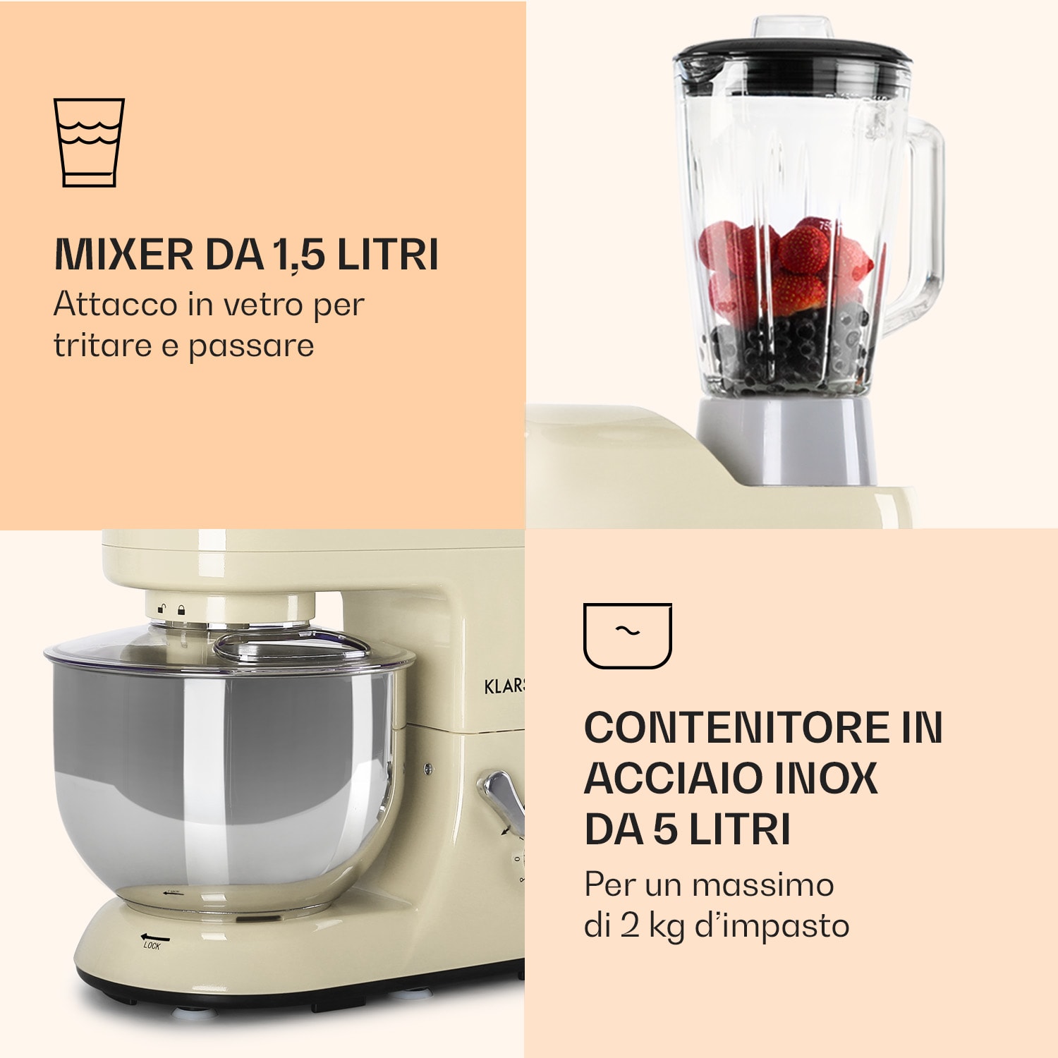 Lucia robot da cucina 3 in 1, 1800 W / 2,7 PS 5 litri in acciaio inossidabile senza BPA 