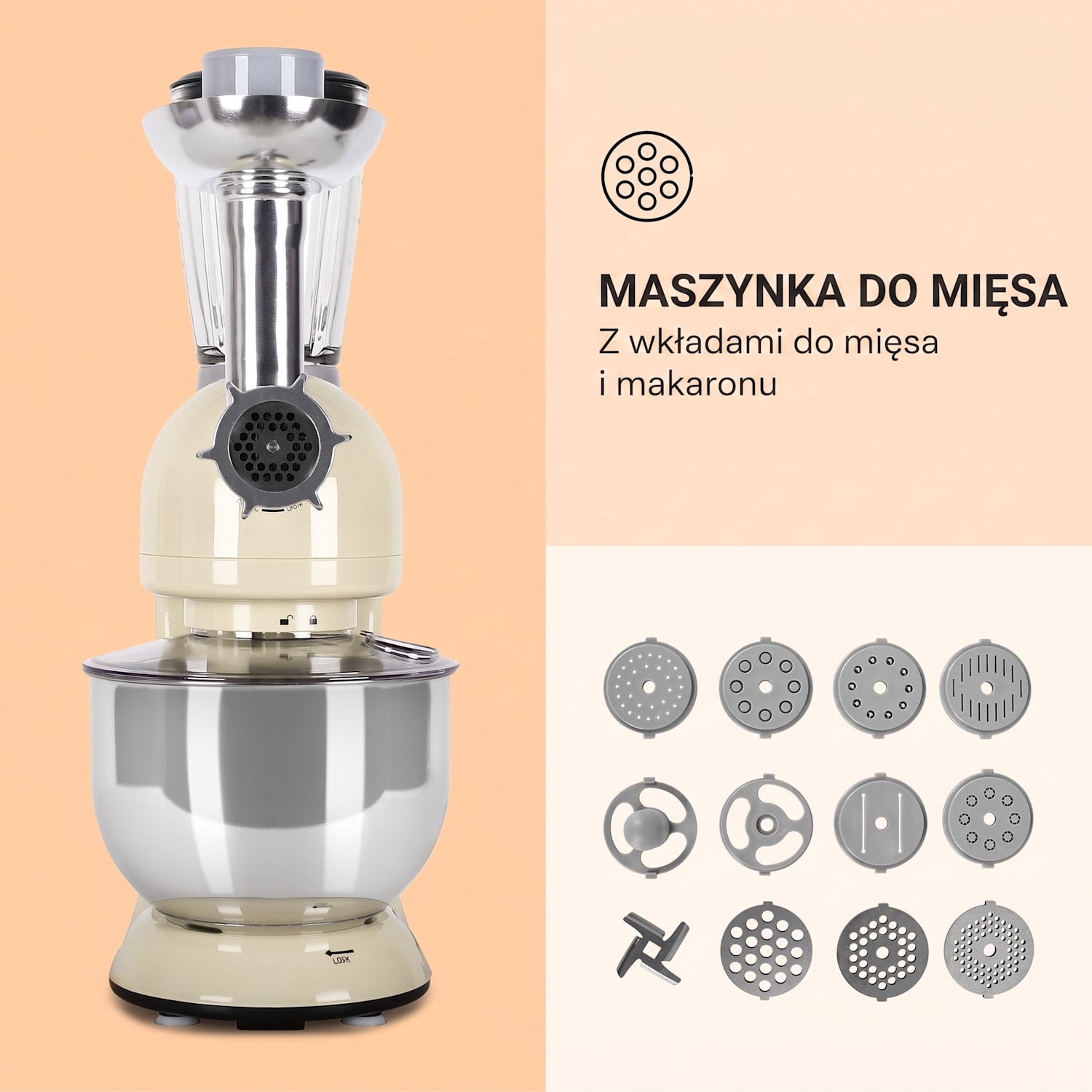 Lucia Morena, robot kuchenny, mikser, maszynka do mielenia mięsa, 1800 W, 5 l Vintage Krem