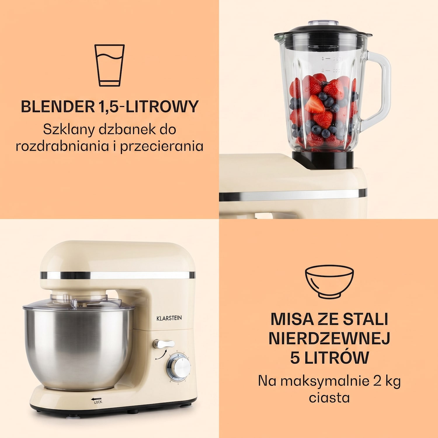 Lucia Morena, robot kuchenny, mikser, maszynka do mielenia mięsa, 1800 W, 5 l Vintage Krem