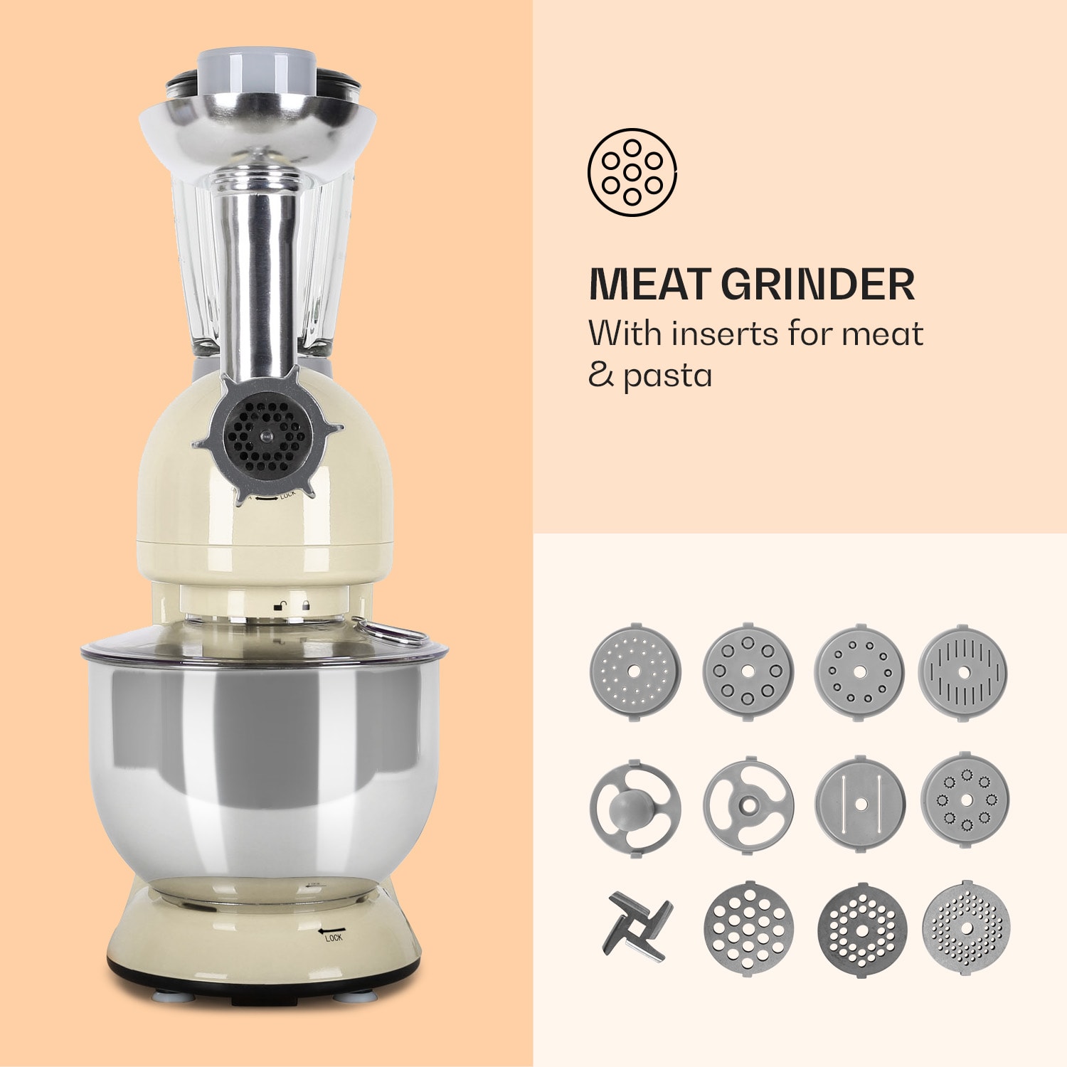 Lucia Food Processor 3-in-1 1800 W / 2.7 PS 5 Litre Stainless Steel BPA-free Vintage Cream