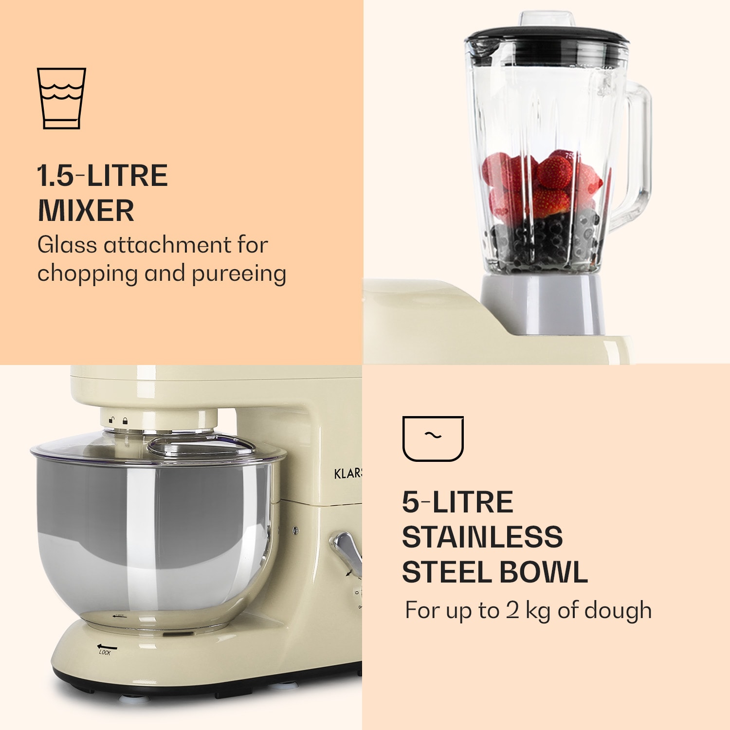 Lucia Food Processor 3-in-1 1800 W / 2.7 PS 5 Litre Stainless Steel BPA-free Vintage Cream