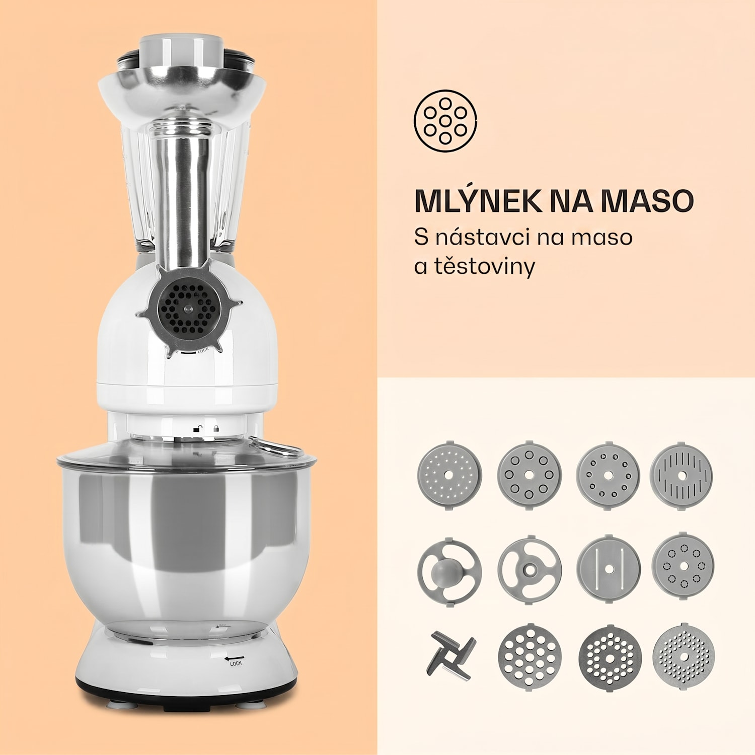 Lucia, kuchyňský robot, mixér, mlýnek, 1800 W, 2,7 HP, 5 l, nerezová ocel, bez BPA Bílá