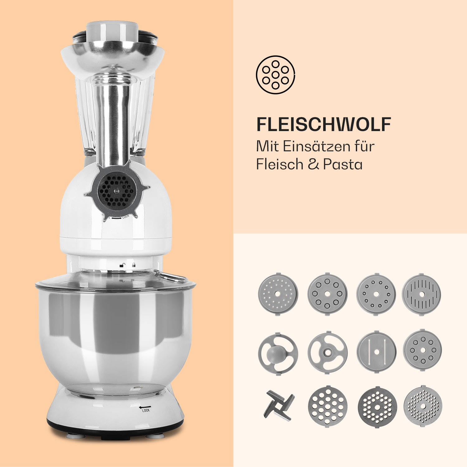 Lucia Küchenmaschine 3-in-1 1800 W / 2,7 PS 5 Ltr Edelstahl BPA-frei Weiß
