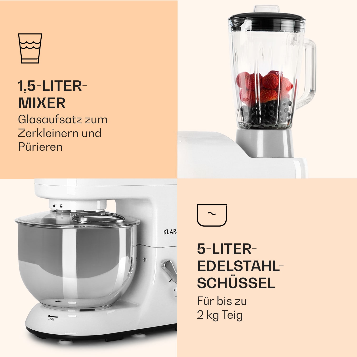 Lucia Küchenmaschine 3-in-1 1800 W / 2,7 PS 5 Ltr Edelstahl BPA-frei Weiß